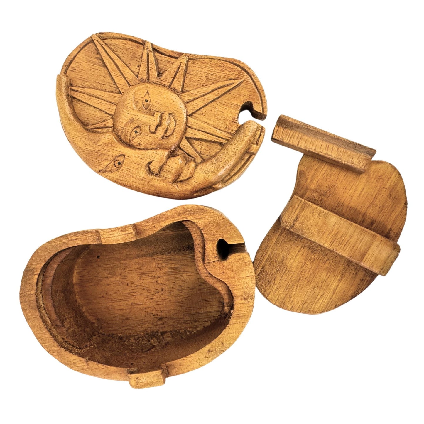 Celestial Sun & Moon Secret Puzzle Box Trinket Jewelry gift box Hand Carved wood wooden Stash box