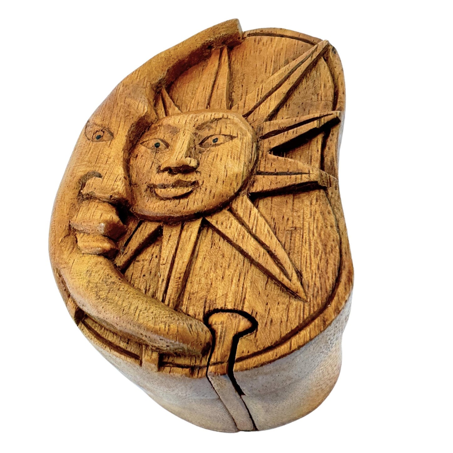 Celestial Sun & Moon Secret Puzzle Box Trinket Jewelry gift box Hand Carved wood wooden Stash box
