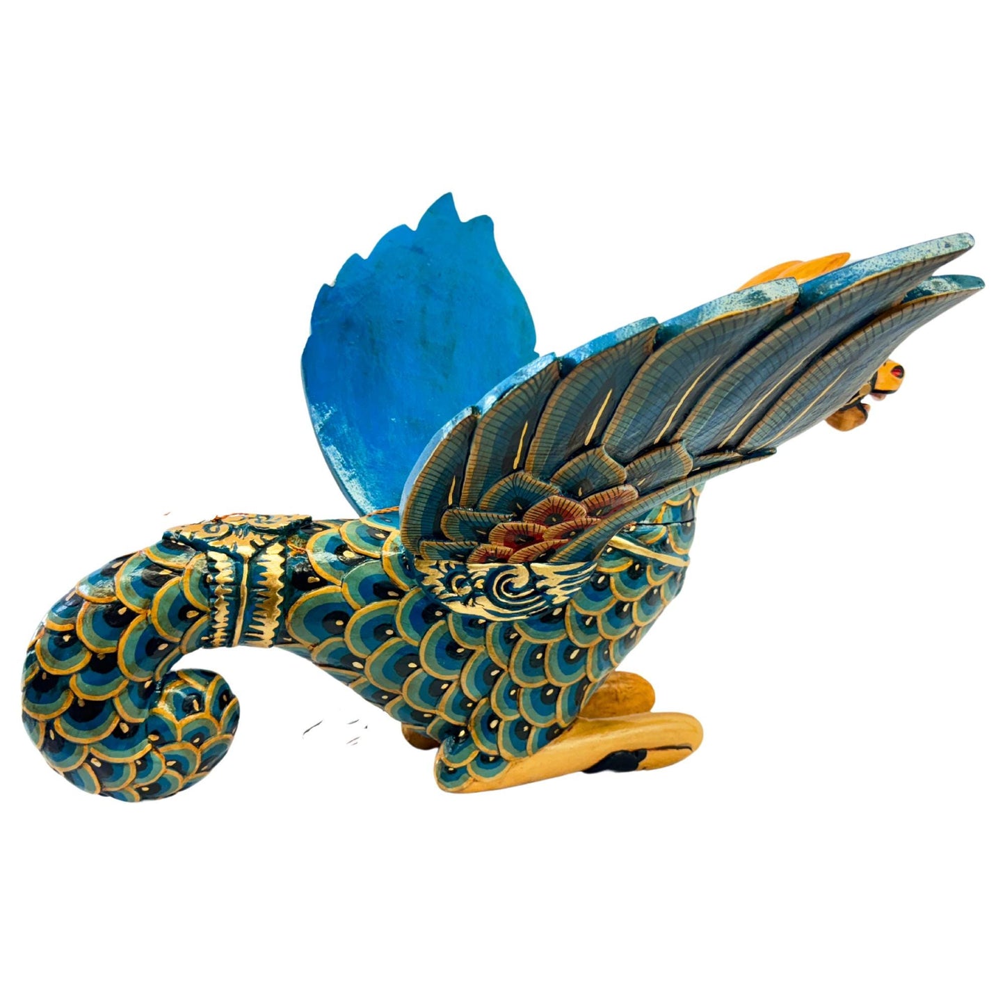 Bali Winged Seahorse Mobile Mythical Makara Merhorse Spirit chaser Crib Guardian Balinese Folk art Hand Carved Wood Carving Teal Indonesian