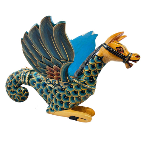 Bali Winged Seahorse Mobile Mythical Makara Merhorse Spirit chaser Crib Guardian Balinese Folk art Hand Carved Wood Carving Teal Indonesian