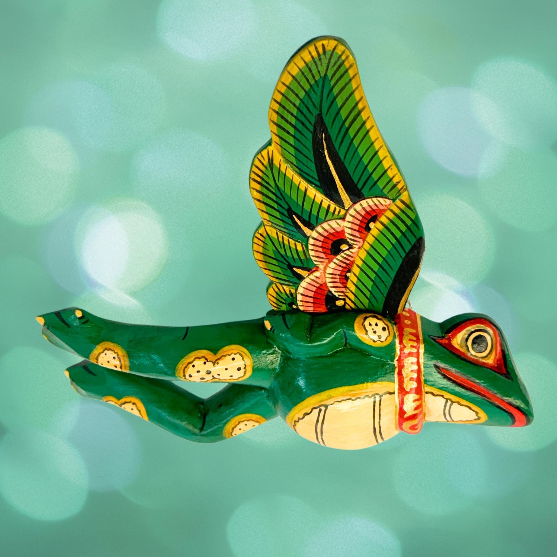 FLYING Frog Mobile Winged Spirit Chaser carved wood Balinese Folk Art green - Acadia World Traders