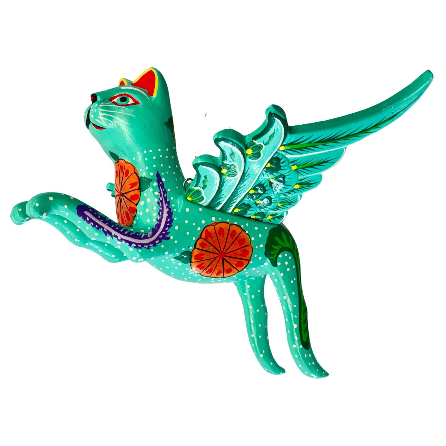 Winged  Cat Mobile Marigold kitty Spiritchaser Demon chaser cradle guardian hand carved wood Cat Lady Balinese Folk Art Turquoise