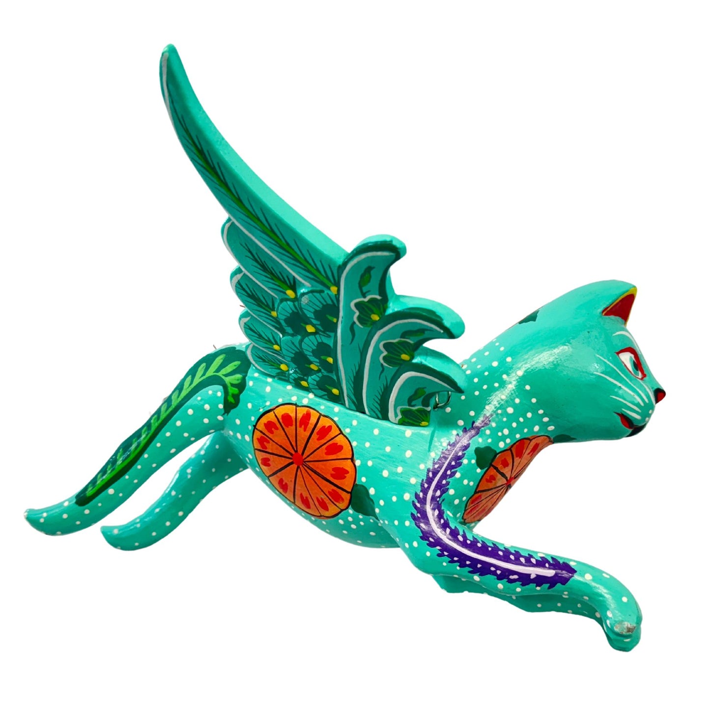 Winged  Cat Mobile Marigold kitty Spiritchaser Demon chaser cradle guardian hand carved wood Cat Lady Balinese Folk Art Turquoise
