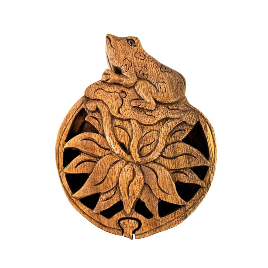 Hand Carved Wood Frog Puzzle Box: Lotus Waterlily Stash Box