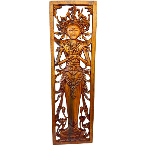 Balinese Lakshmi Goddess of Good Fortune Wisdom Wooden Panel Hand Carved Wood Bali Wall Art Decor