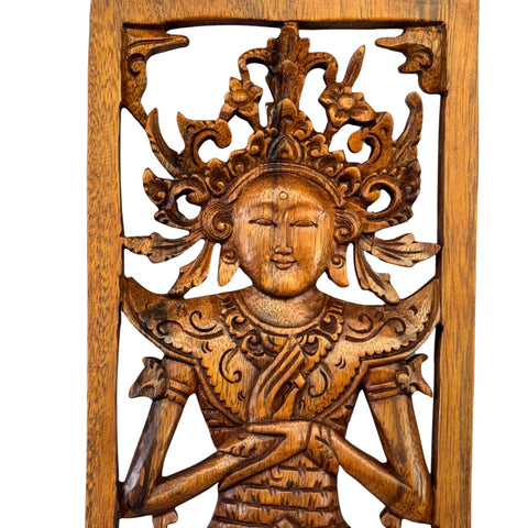 Balinese Lakshmi Goddess of Good Fortune Wisdom Wooden Panel Hand Carved Wood Bali Wall Art Decor