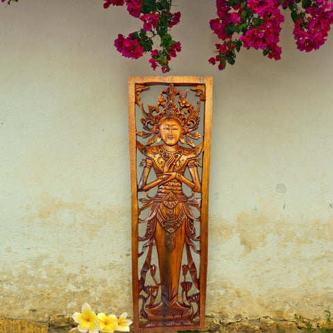 Balinese Lakshmi Goddess of Good Fortune Wisdom Wooden Panel Hand Carved Wood Bali Wall Art Decor