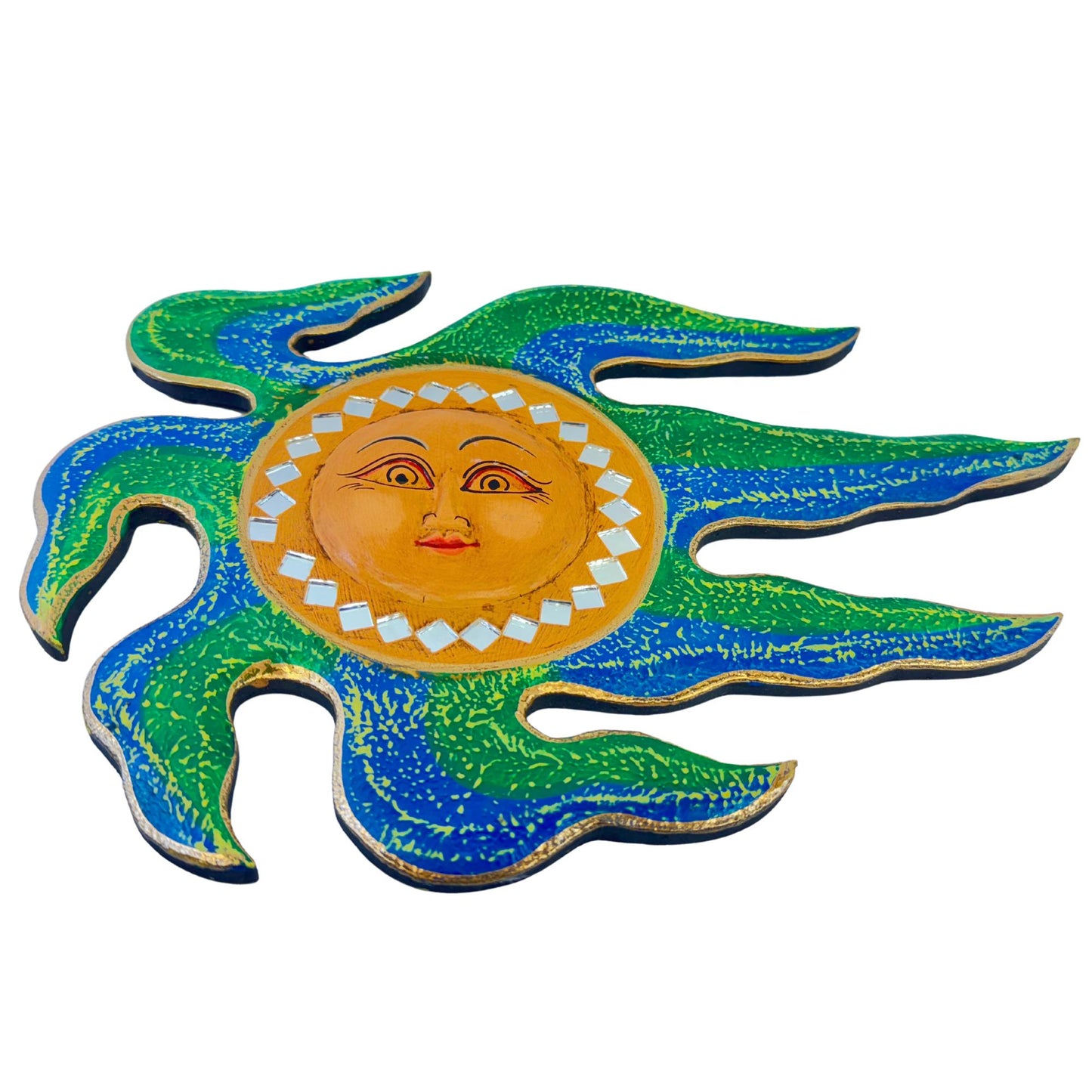 Wind Blown Sun Mini Sunburst Celestial Wall Art Plaque Carved hand painted Bali Balinese folk art Blue Green 12&quot;
