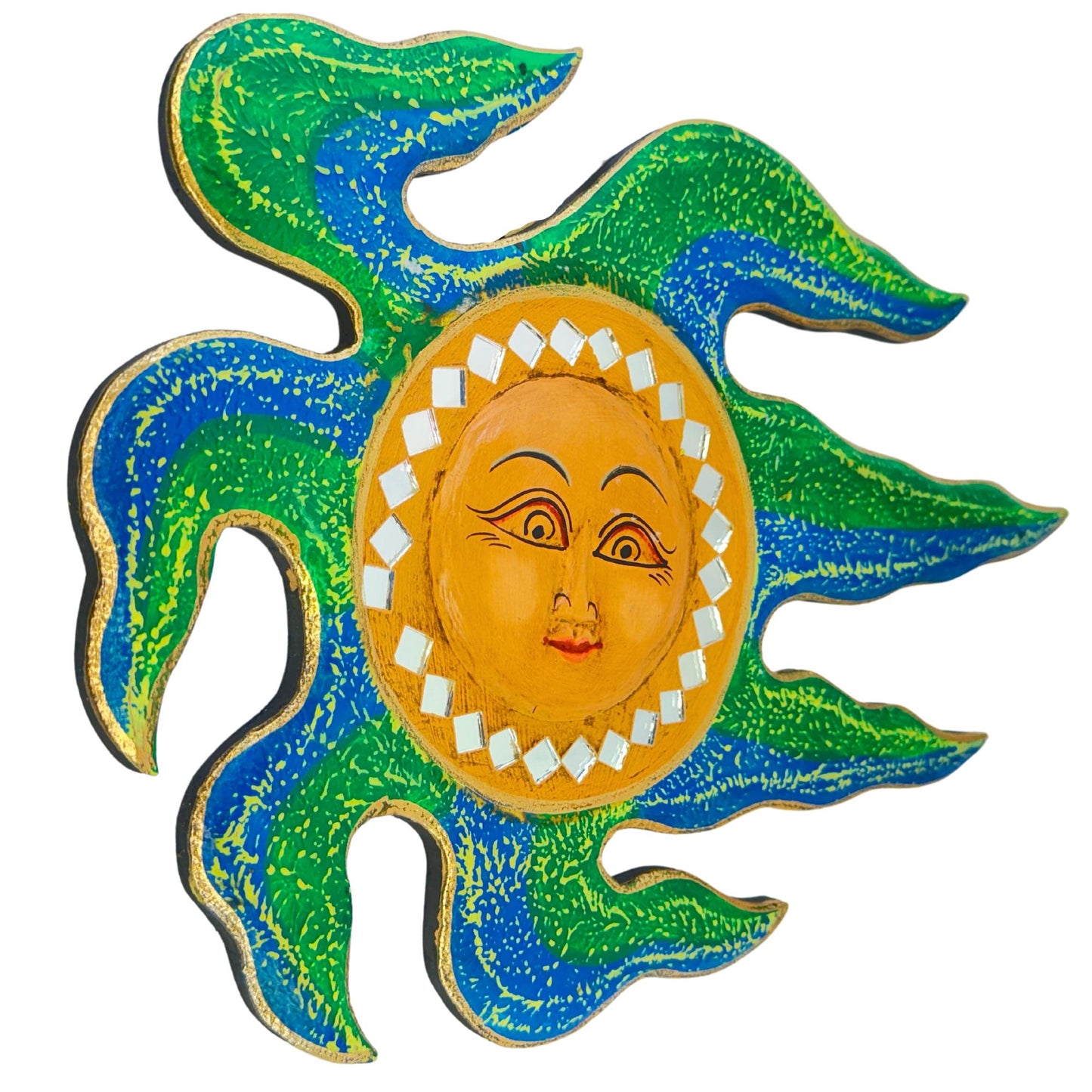 Wind Blown Sun Mini Sunburst Celestial Wall Art Plaque Carved hand painted Bali Balinese folk art Blue Green 12&quot;