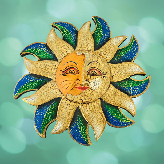 Wind Blown Sun & Moon Eclipse Mini Sunburst Celestial Wall Art Plaque Carved hand painted Bali Balinese folk art Blue Green 8&quot;