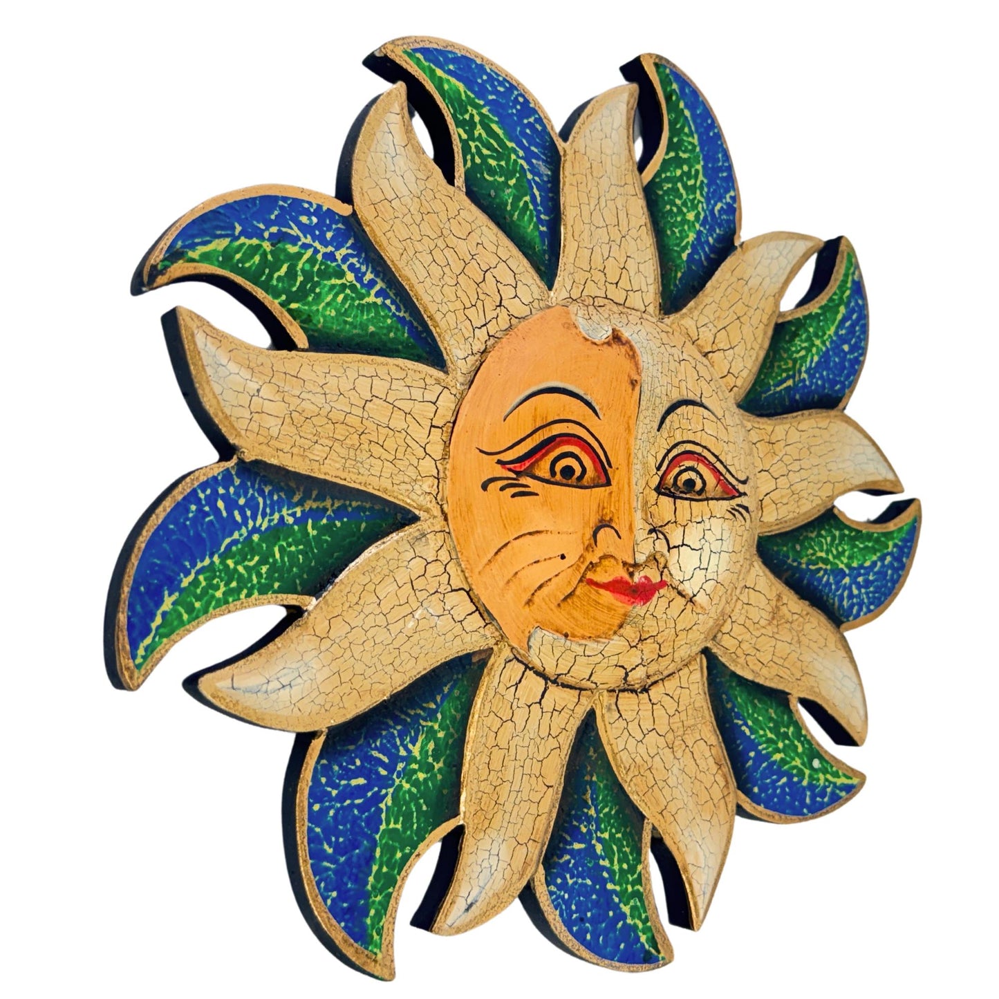 Wind Blown Sun & Moon Eclipse Mini Sunburst Celestial Wall Art Plaque Carved hand painted Bali Balinese folk art Blue Green 8&quot;