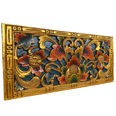 Balinese Lotus Bud Panel architectural Relief Wood Carving Bali wall Art teal 24&quot;