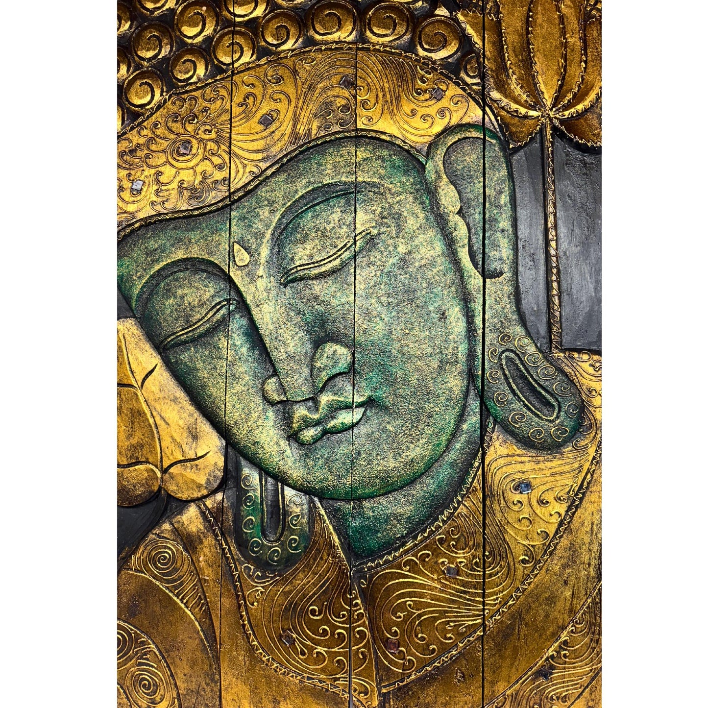 Buddha Carved Wooden Panel Wall Art Folding Screen Wood Carving Balinese   Eclectic Asian Style Boho Decor Gold Verdigris Green