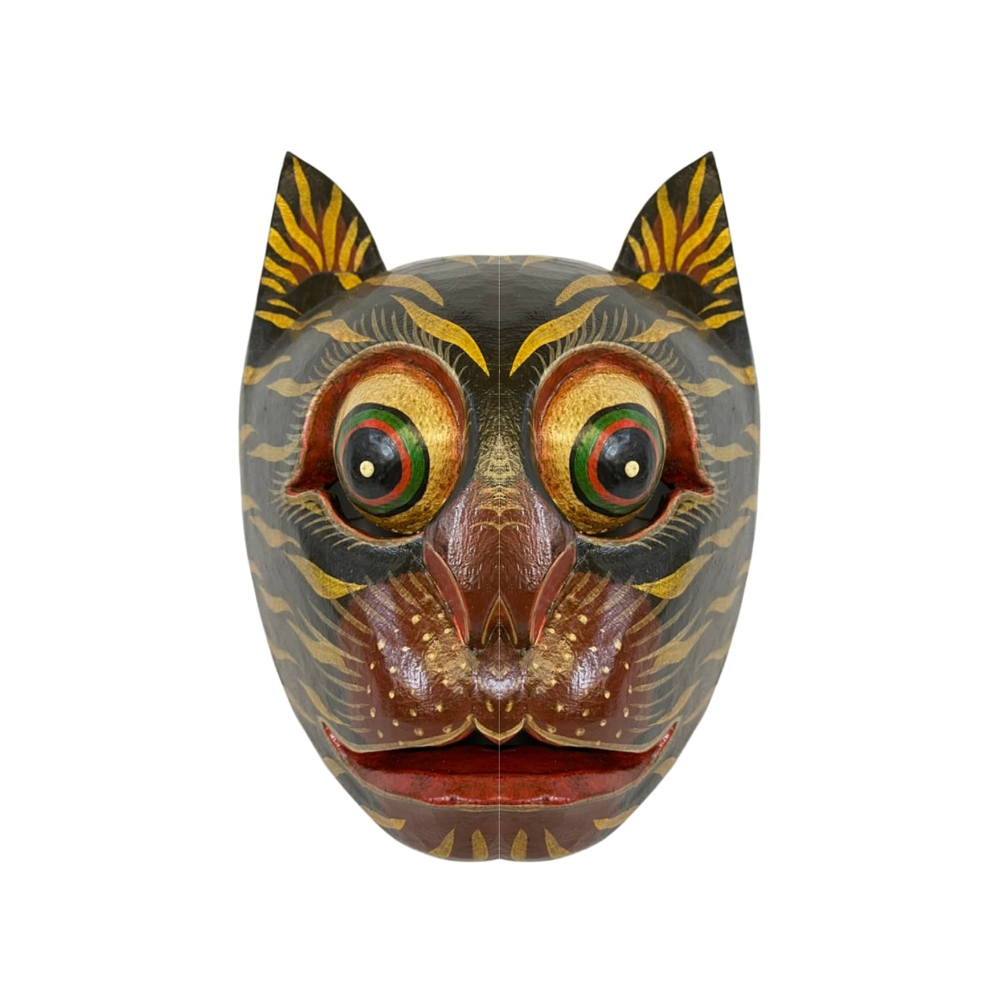 Balinese Stripped Black Tiger Cat Mask: Hand Carved Wood Folk Art Wall Decor