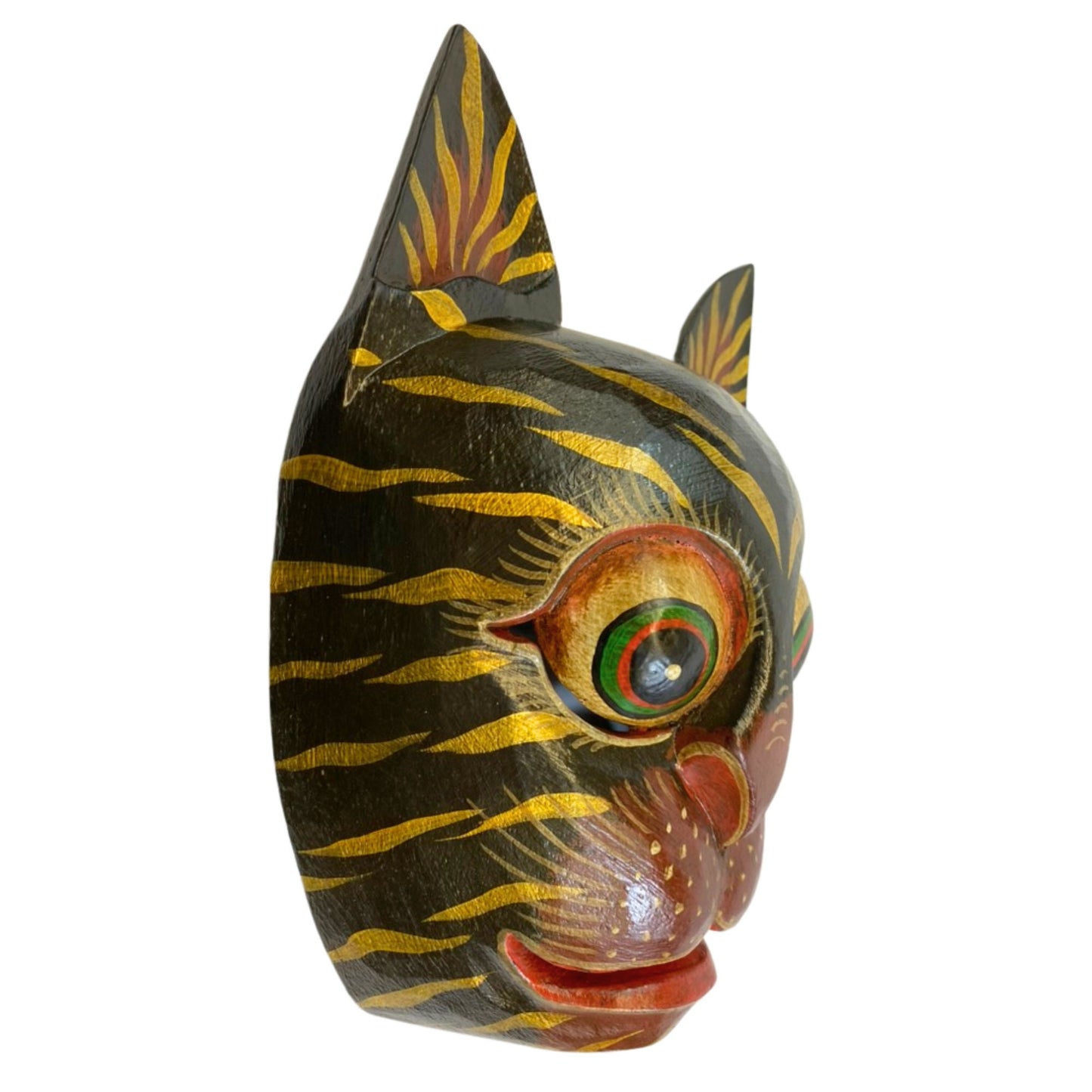 Balinese Stripped Black Tiger Cat Mask: Hand Carved Wood Folk Art Wall Decor