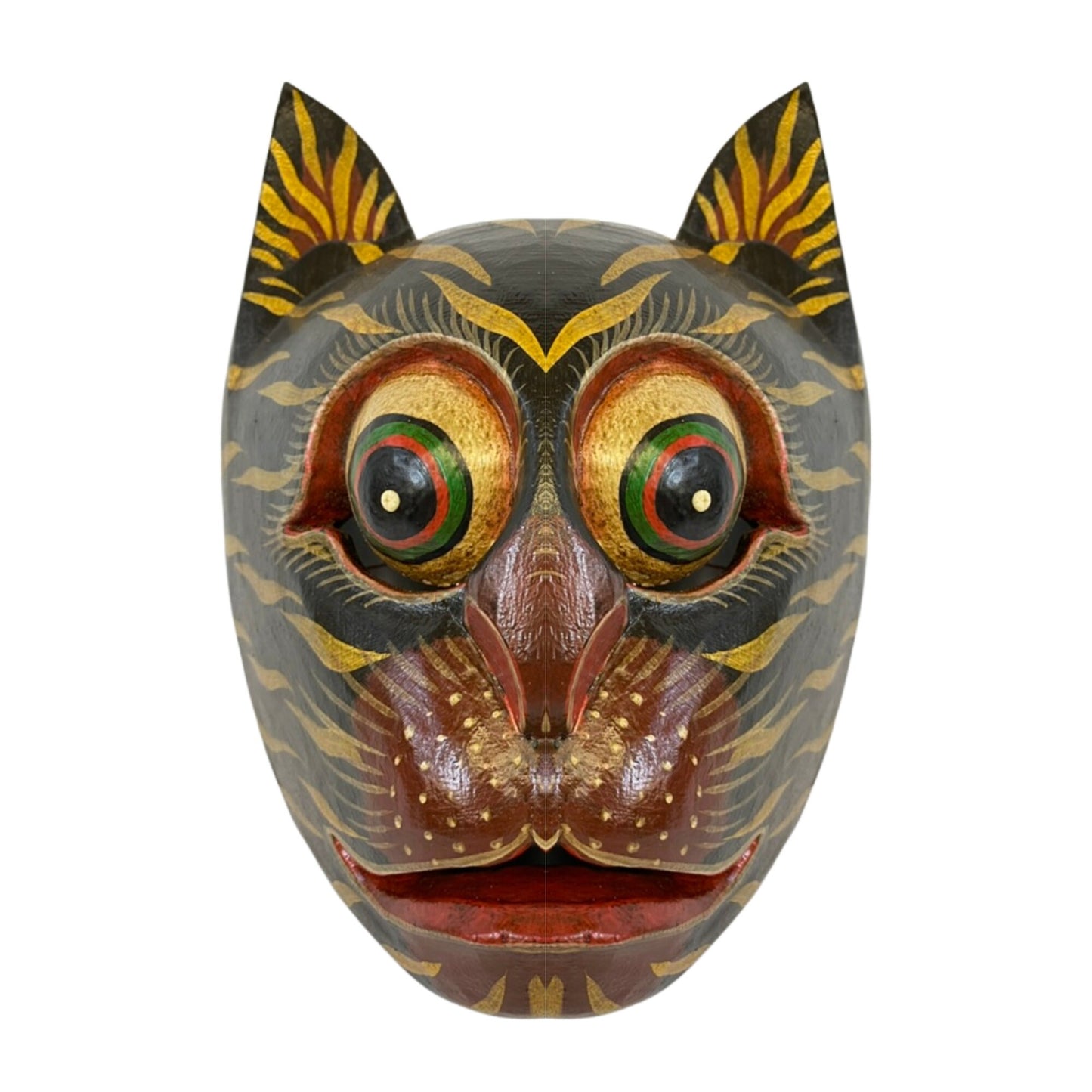 Balinese Stripped Black Tiger Cat Mask: Hand Carved Wood Folk Art Wall Decor