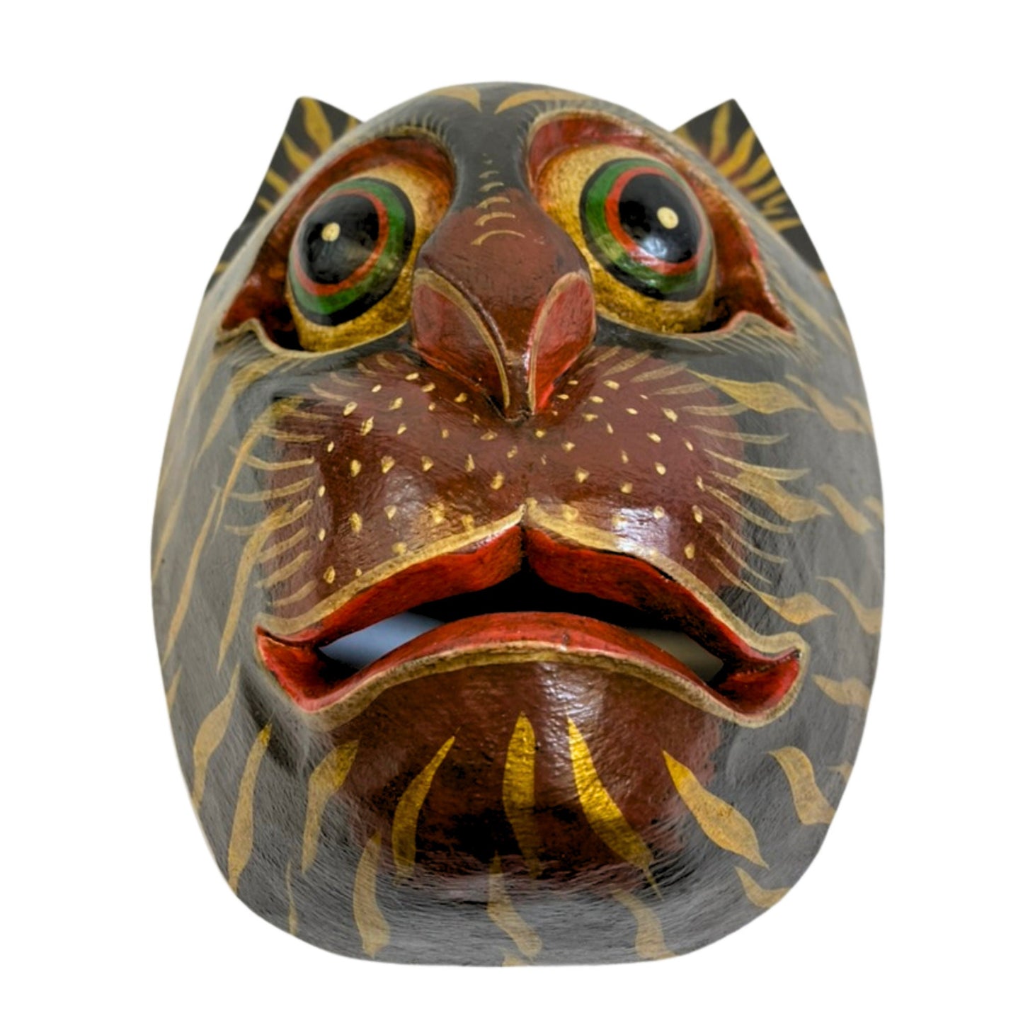 Balinese Stripped Black Tiger Cat Mask: Hand Carved Wood Folk Art Wall Decor