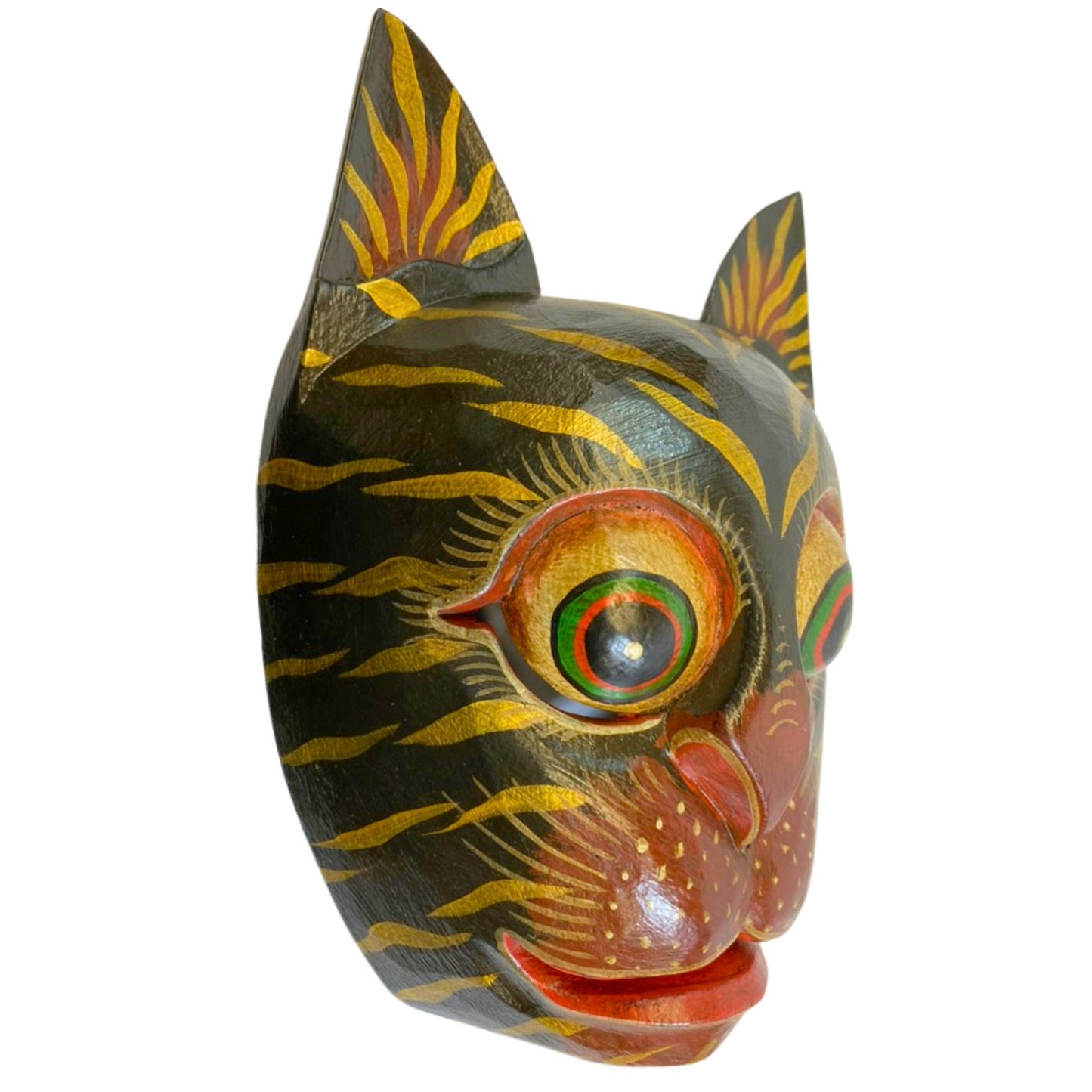 Balinese Stripped Black Tiger Cat Mask: Hand Carved Wood Folk Art Wall Decor
