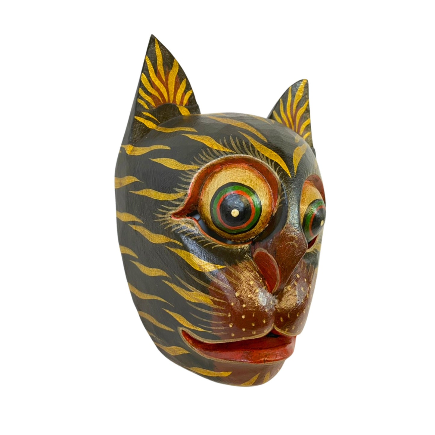 Balinese Stripped Black Tiger Cat Mask: Hand Carved Wood Folk Art Wall Decor