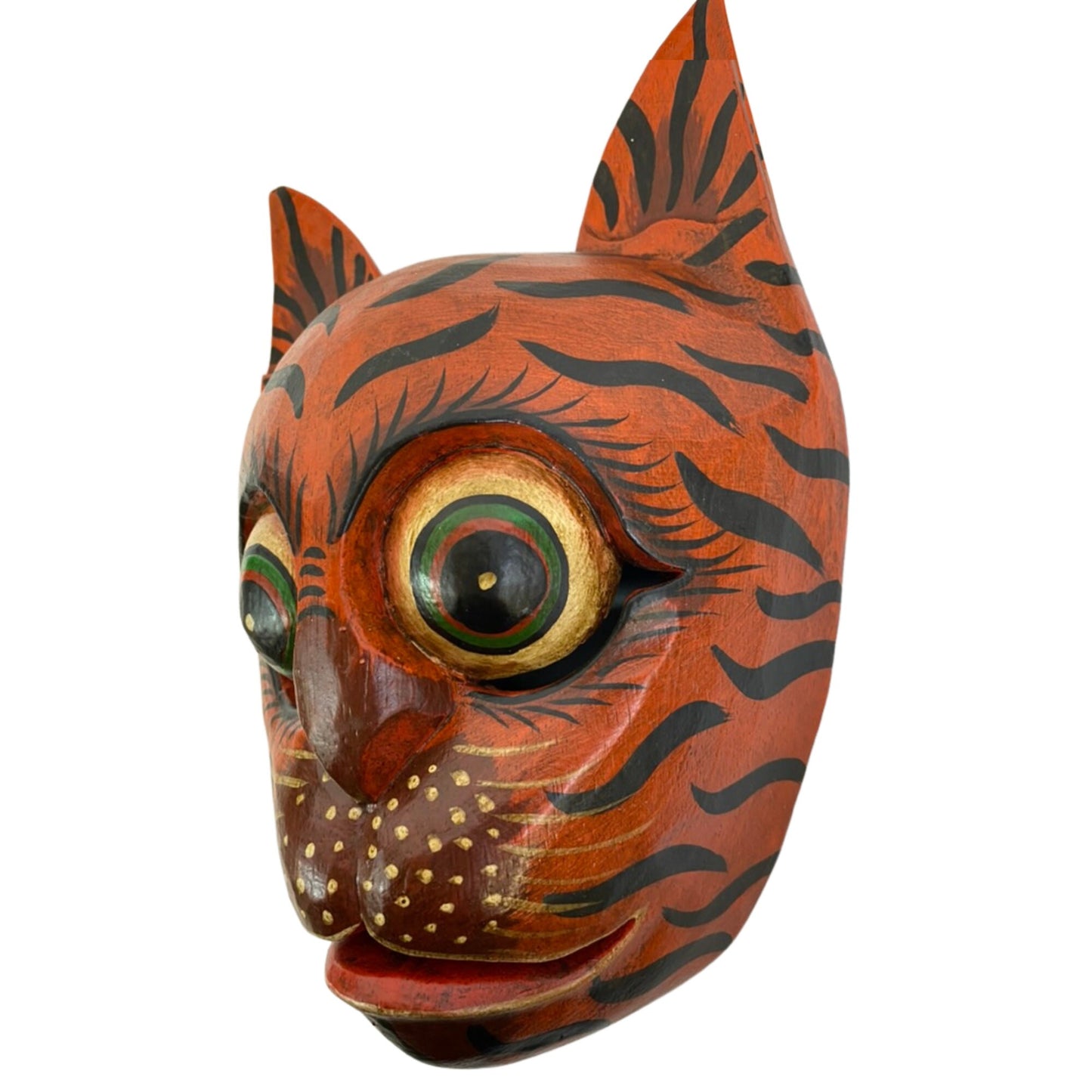 Hand Carved Balinese Tiger Cat Mask: Bali Folk Art Wood Carving,  Wall Decor