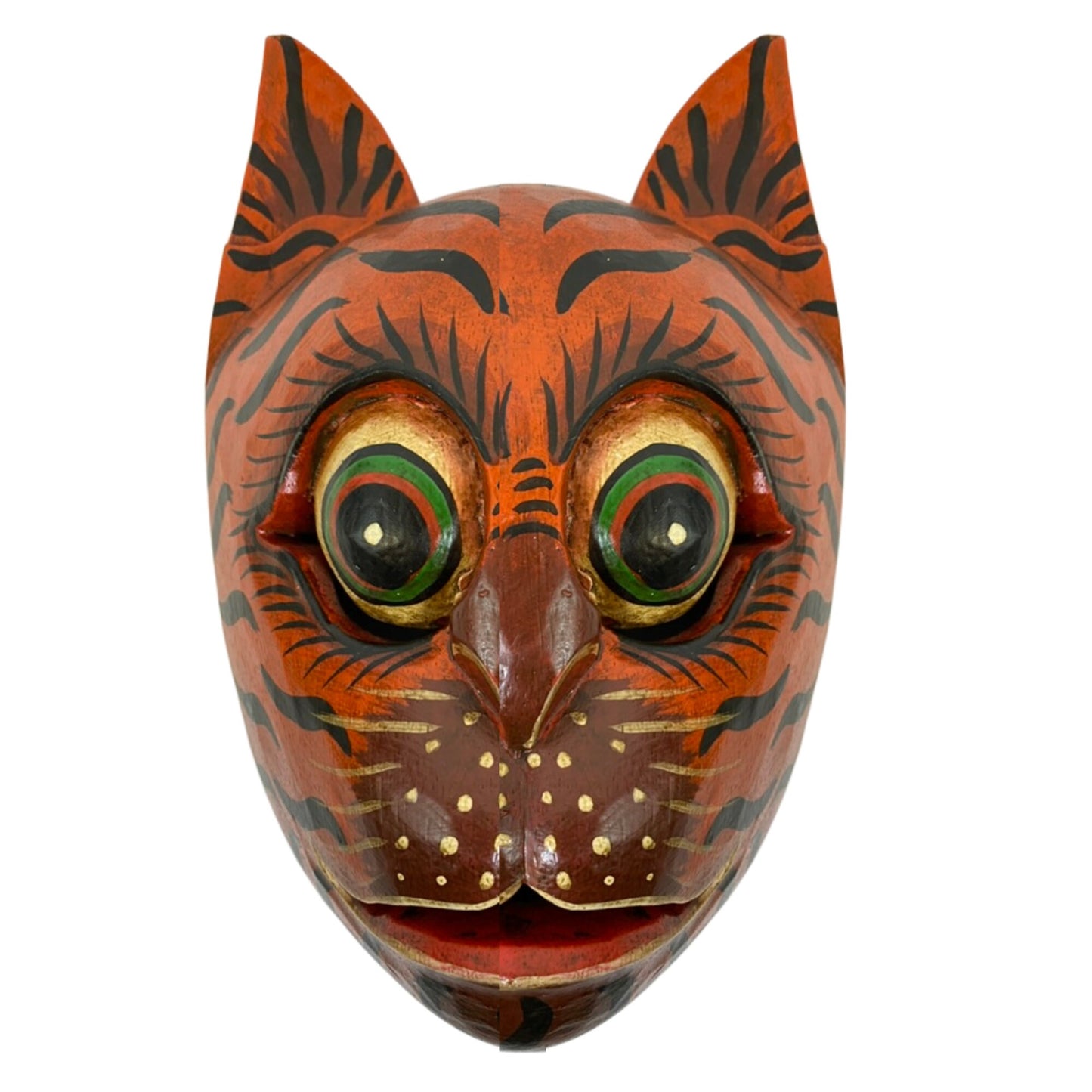 Balinese Tiger Cat Mask Striped Cat Feline Drama Mask Topeng  Ginger Kitty Scaredy-cat  Bali Folk Art hand carved wood Carving Wall Art