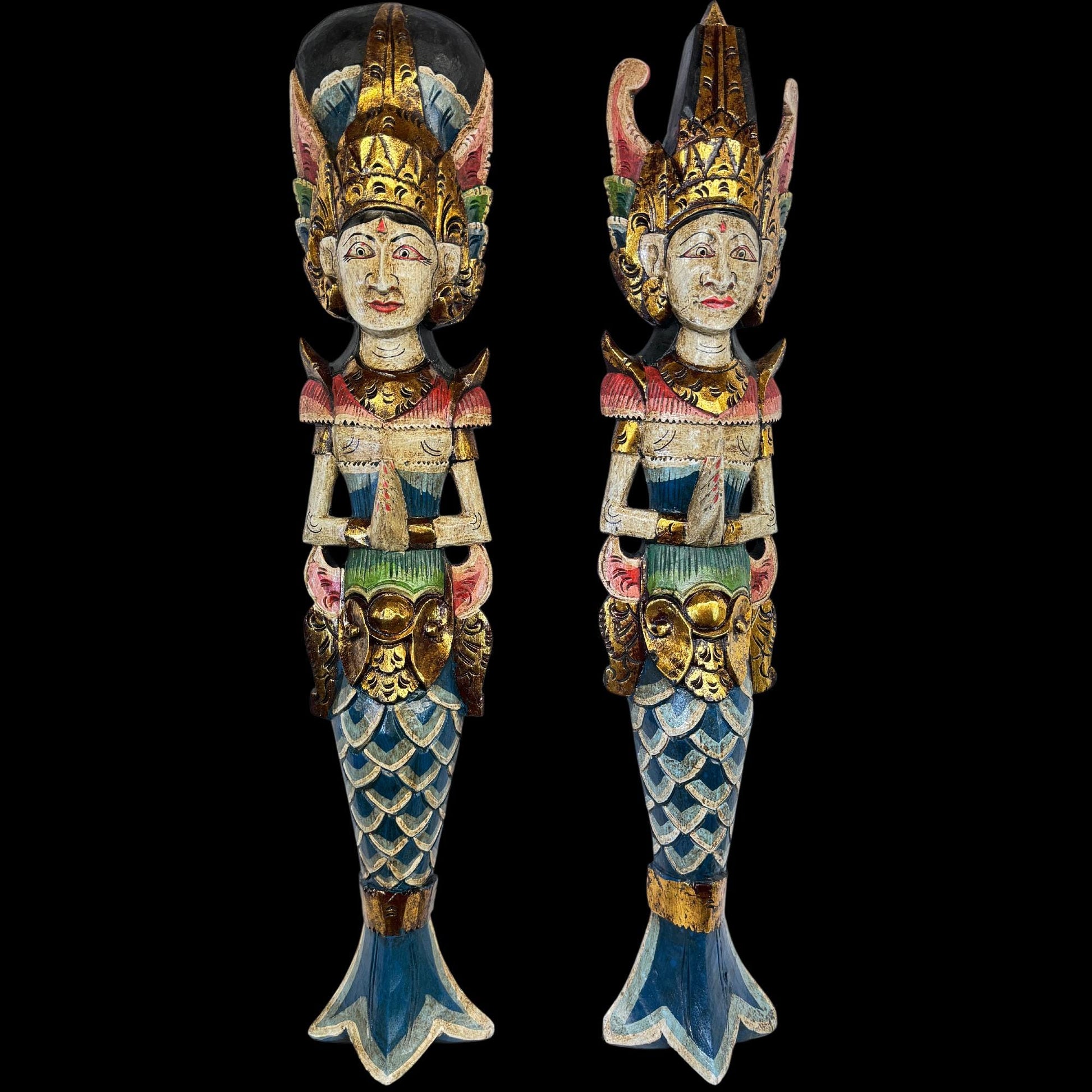 Balinese Mermaid Wall Art Dewi Sinta Goddess & Rama Guardian Hand carved wood Polychrome folk art carving - Acadia World Traders