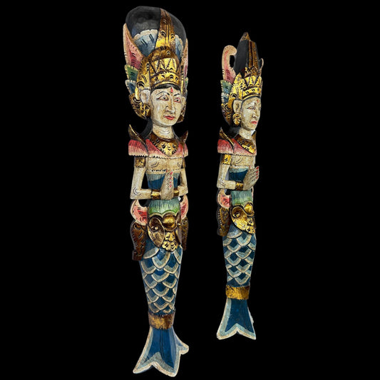 Balinese Mermaid Wall Art Dewi Sinta Goddess & Rama Guardian Hand carved wood Polychrome folk art carving - Acadia World Traders