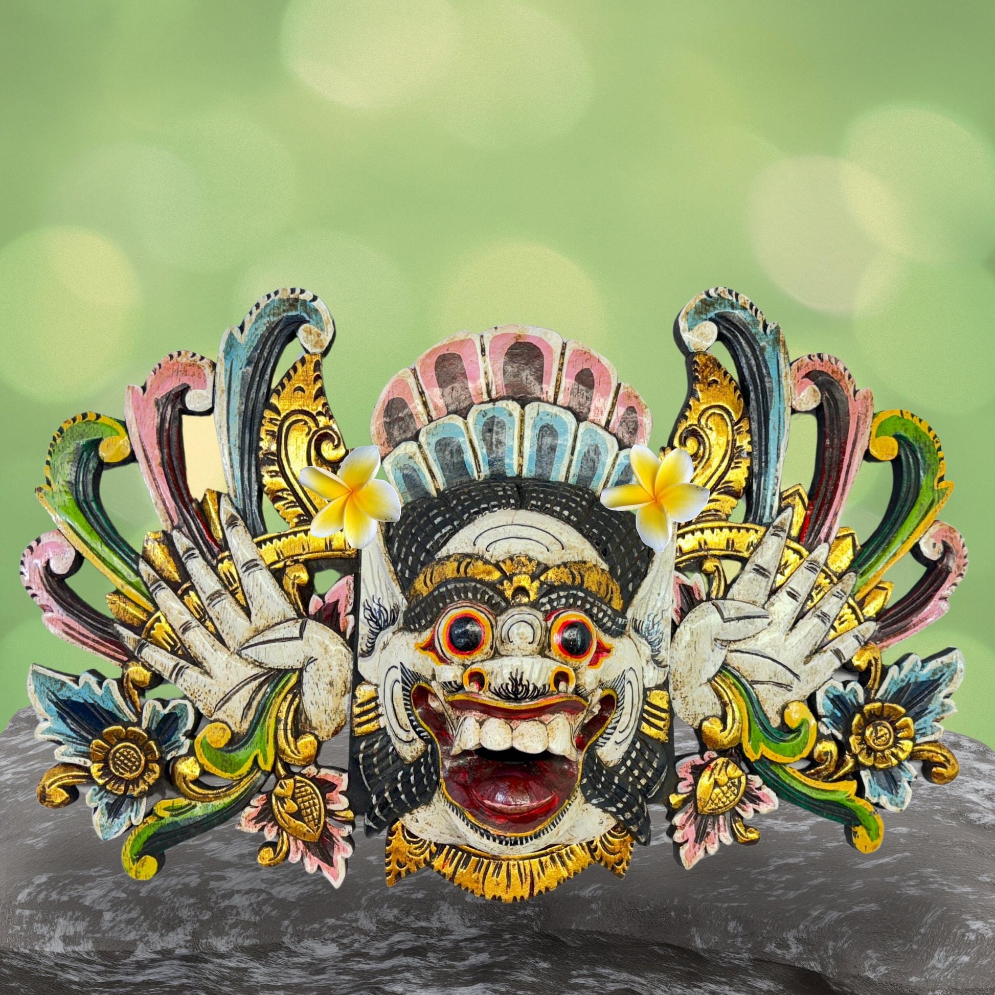 Balinese Mask Boma Barong Bhoma Protector Guardian  Mask Polychrome Hand Carved wood Carving Bali Folk Art Wall Decor - Acadia World Traders