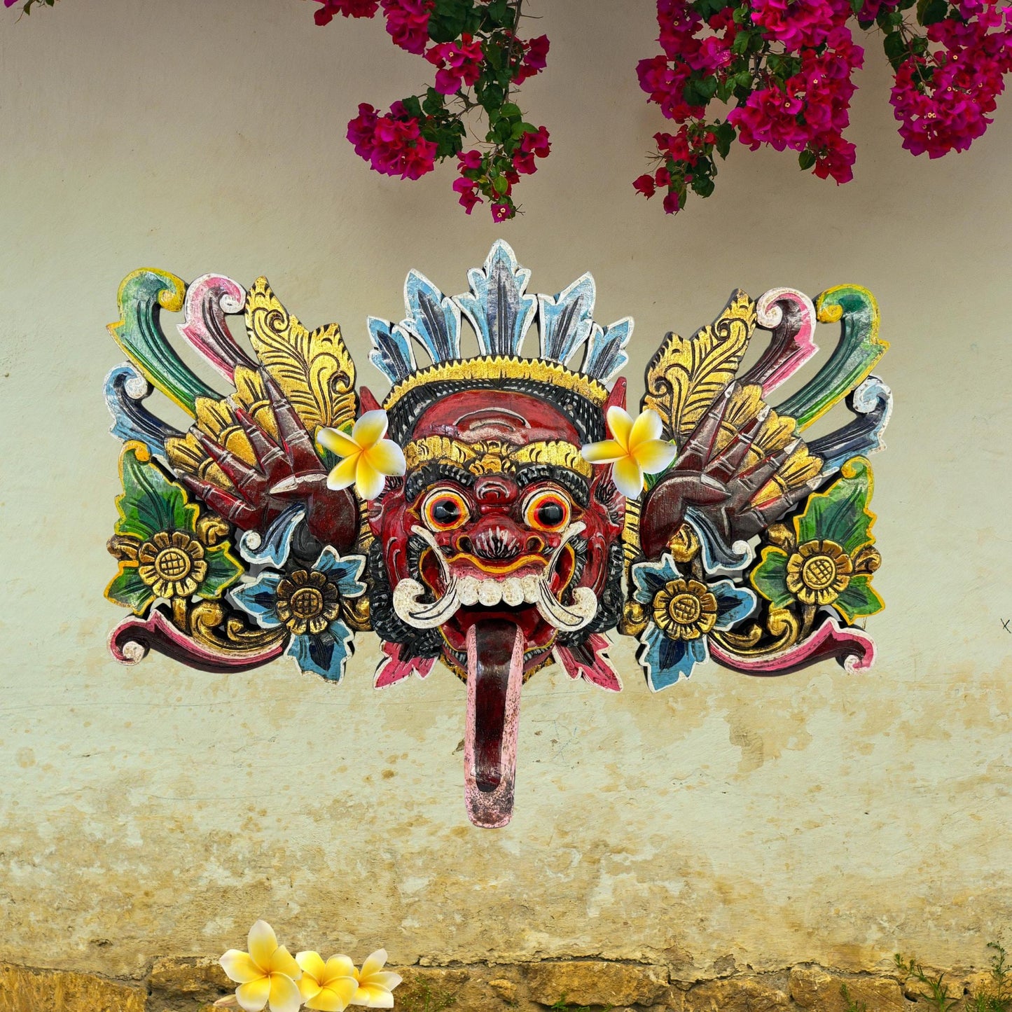 Balinese Mask Rakshasa Barong Demon Malevolent Supernatural Being Hand Carved wood Carving Bali Folk Art Wall Decor