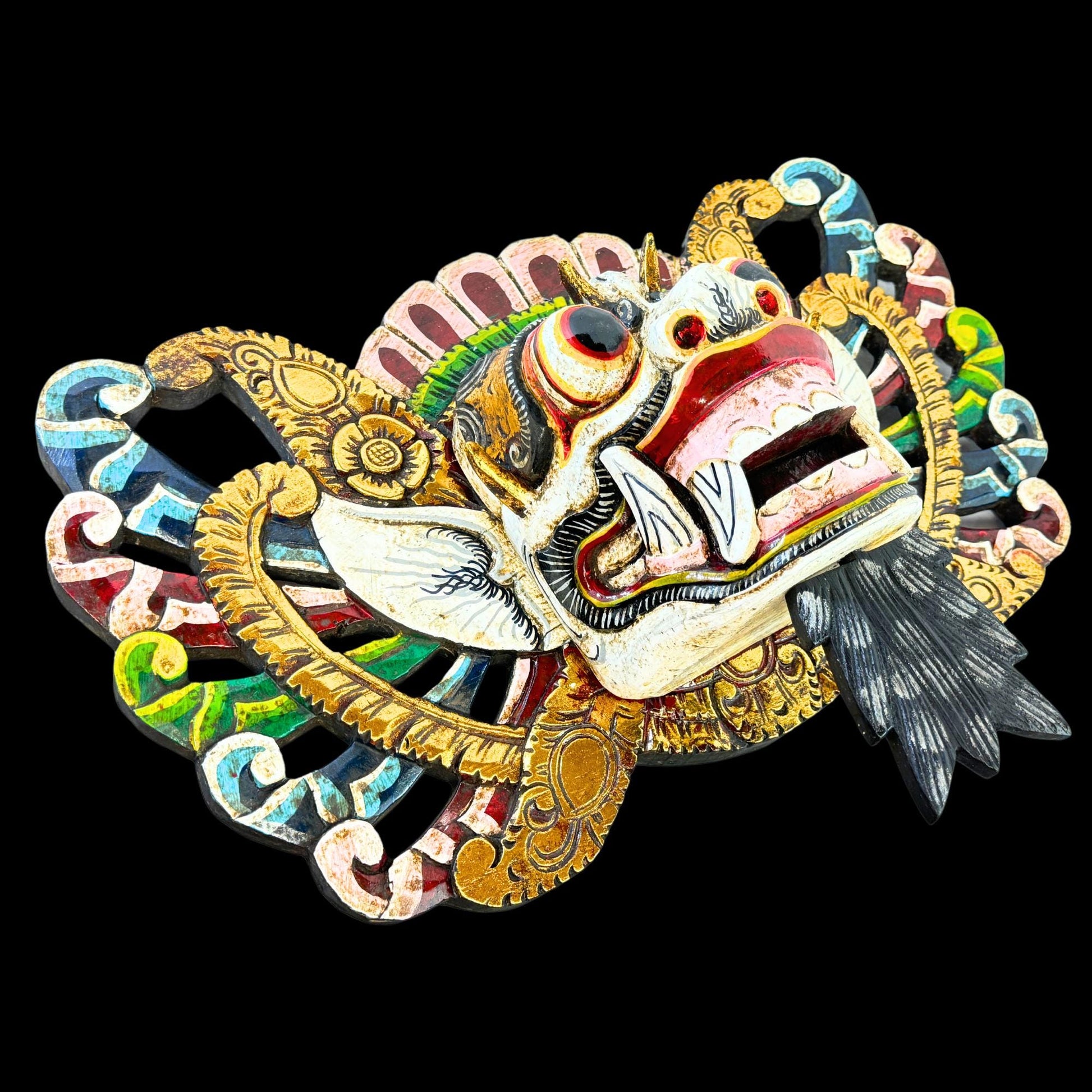 Balinese Mask Barong Protector Guardian  Mask Polychrome Hand Carved wood Carving Bali Folk Art Wall Decor - Acadia World Traders
