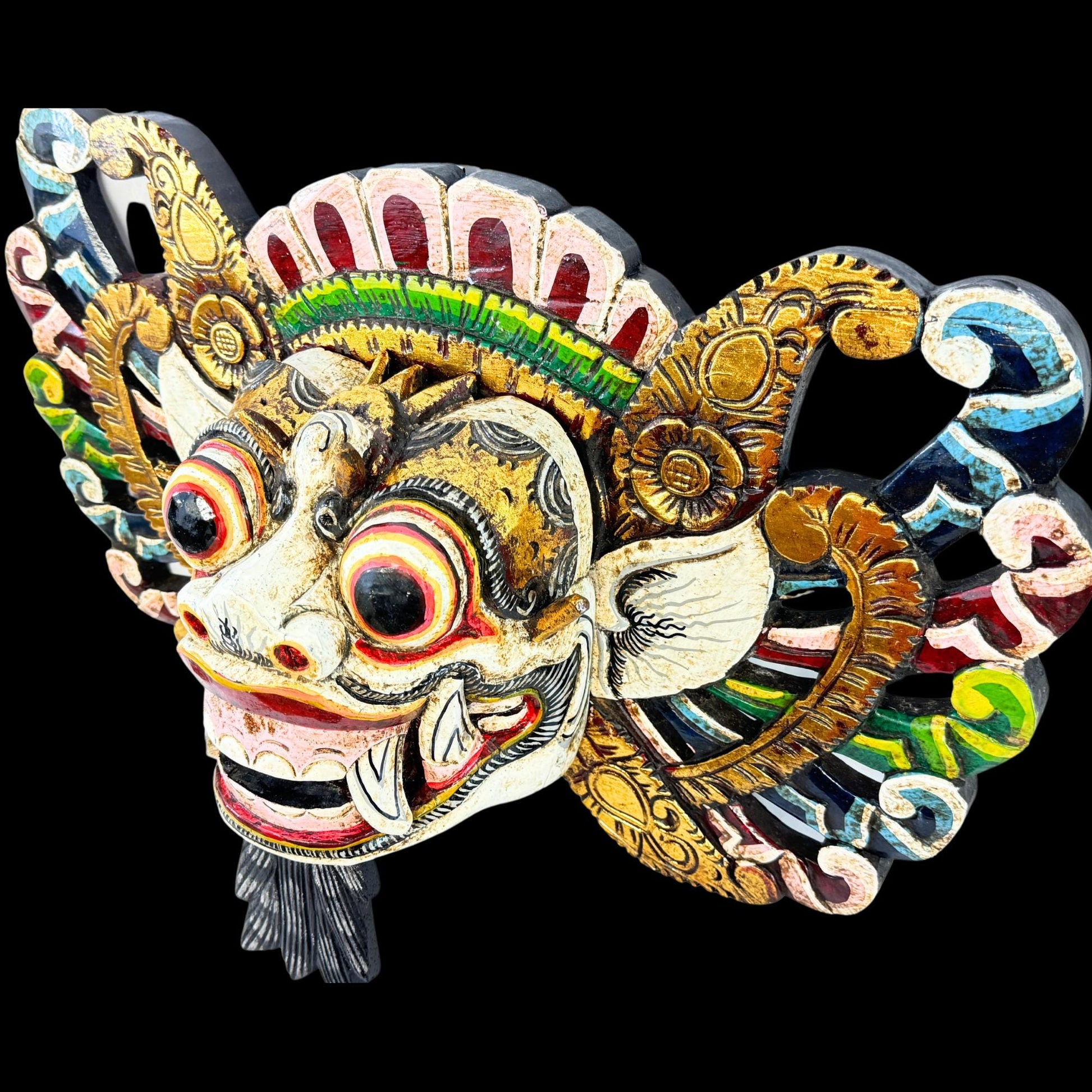 Balinese Mask Barong Protector Guardian  Mask Polychrome Hand Carved wood Carving Bali Folk Art Wall Decor - Acadia World Traders