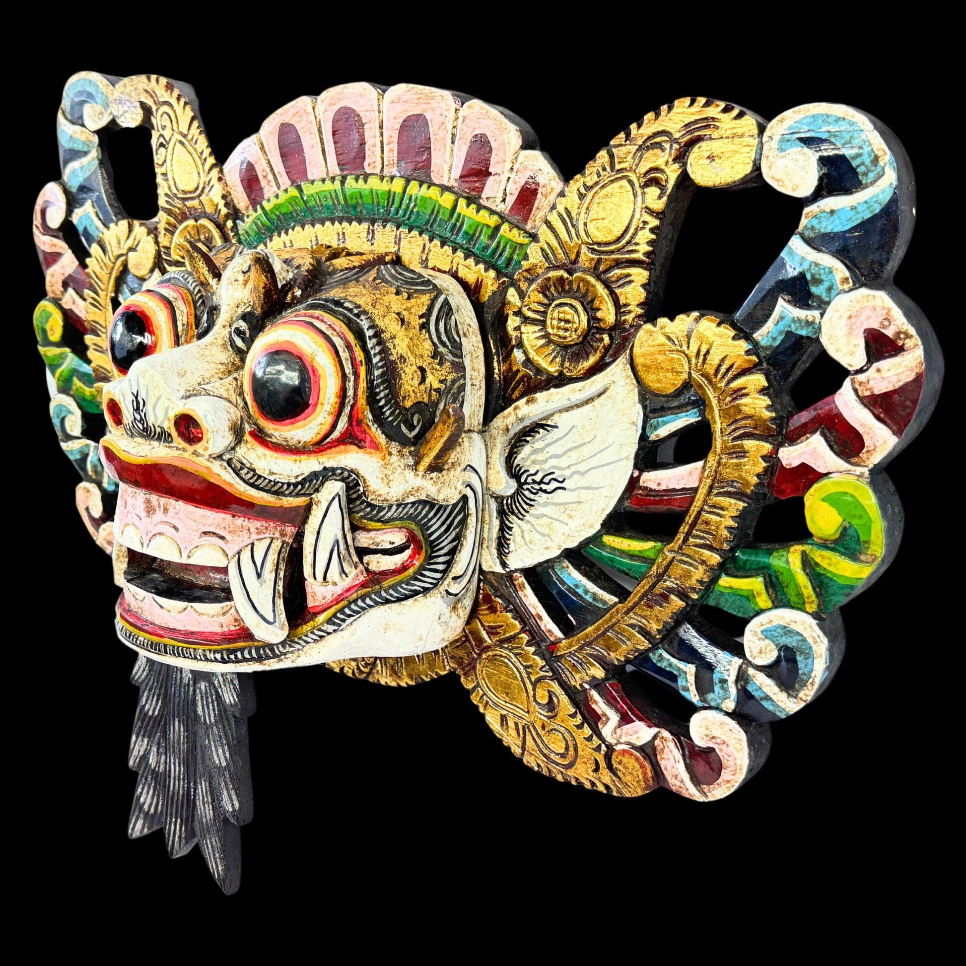 Balinese Mask Barong Protector Guardian  Mask Polychrome Hand Carved wood Carving Bali Folk Art Wall Decor - Acadia World Traders
