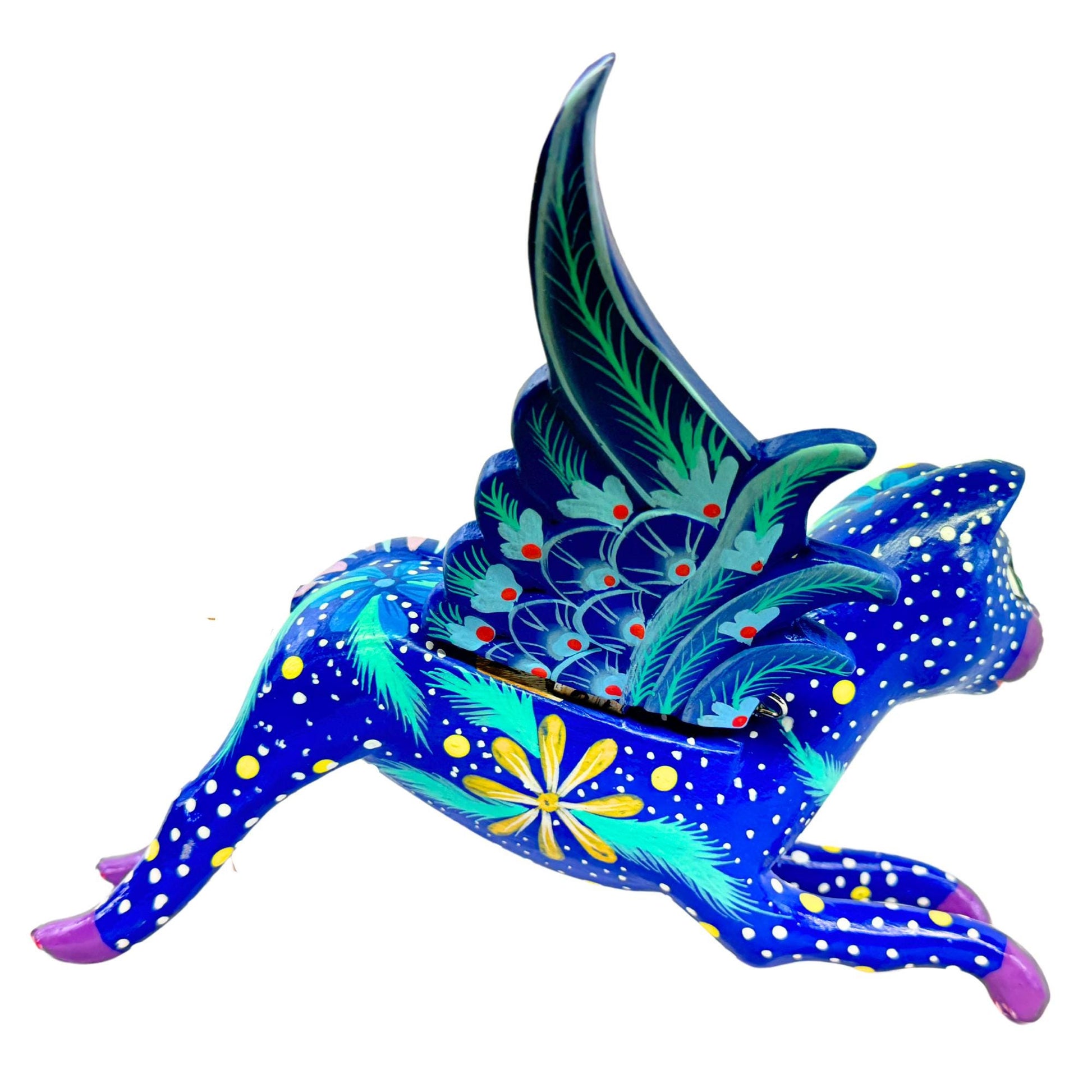 Winged Blue Cat Mobile Jasmine Jazzy kitty Spiritchaser Demon chaser cradle guardian hand carved wood Cat Lady Balinese Folk Art - Acadia World Traders