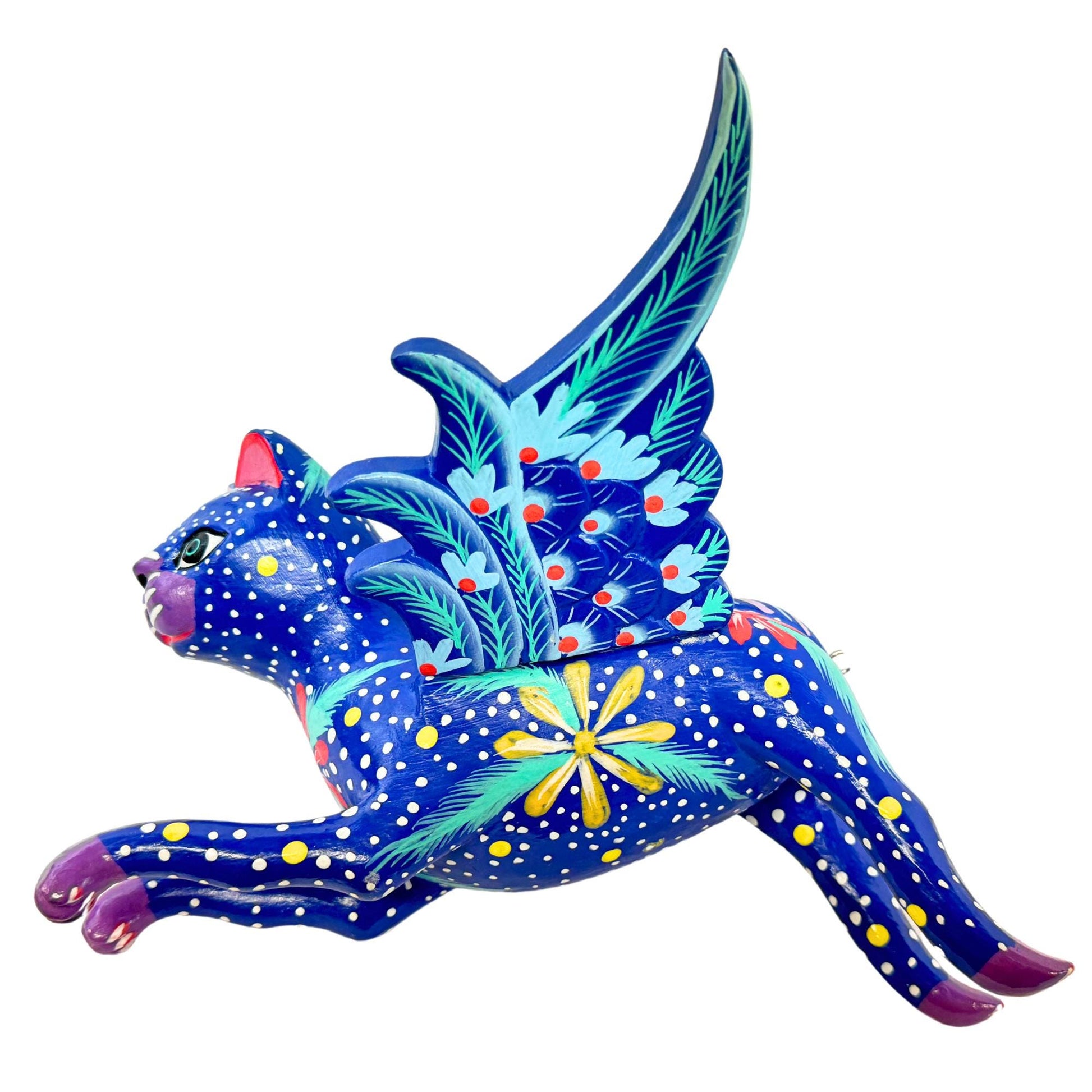 Winged Blue Cat Mobile Jasmine Jazzy kitty Spiritchaser Demon chaser cradle guardian hand carved wood Cat Lady Balinese Folk Art - Acadia World Traders