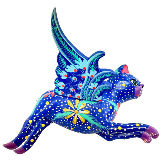 Flying Cat Spiritchaser Mobile, Hand Carved Wood Balinese Folk Art, Blue Jasmine