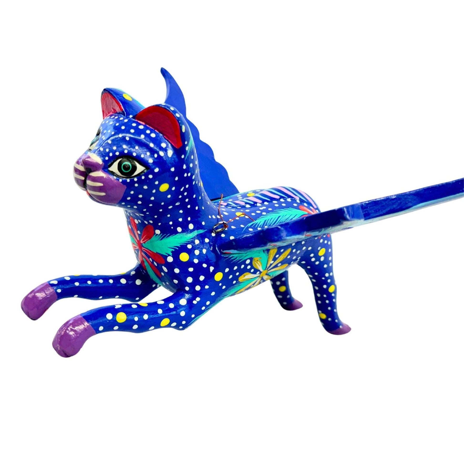 Winged Blue Cat Mobile Jasmine Jazzy kitty Spiritchaser Demon chaser cradle guardian hand carved wood Cat Lady Balinese Folk Art - Acadia World Traders