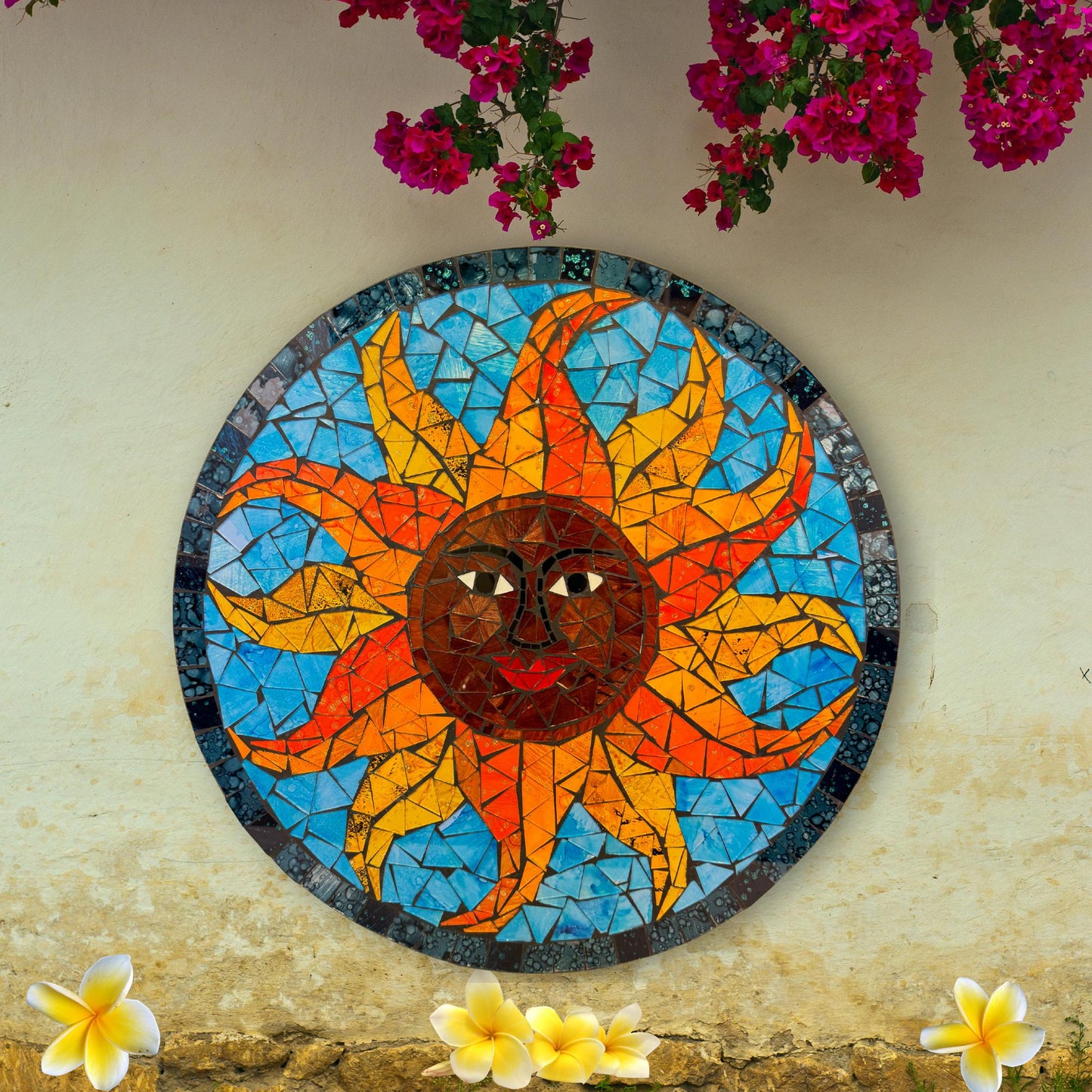Sun Sunburst Mosaic Wall Art Plaque Panel Hand Painted Glass Bali Handicraft Boho Decor - Acadia World Traders