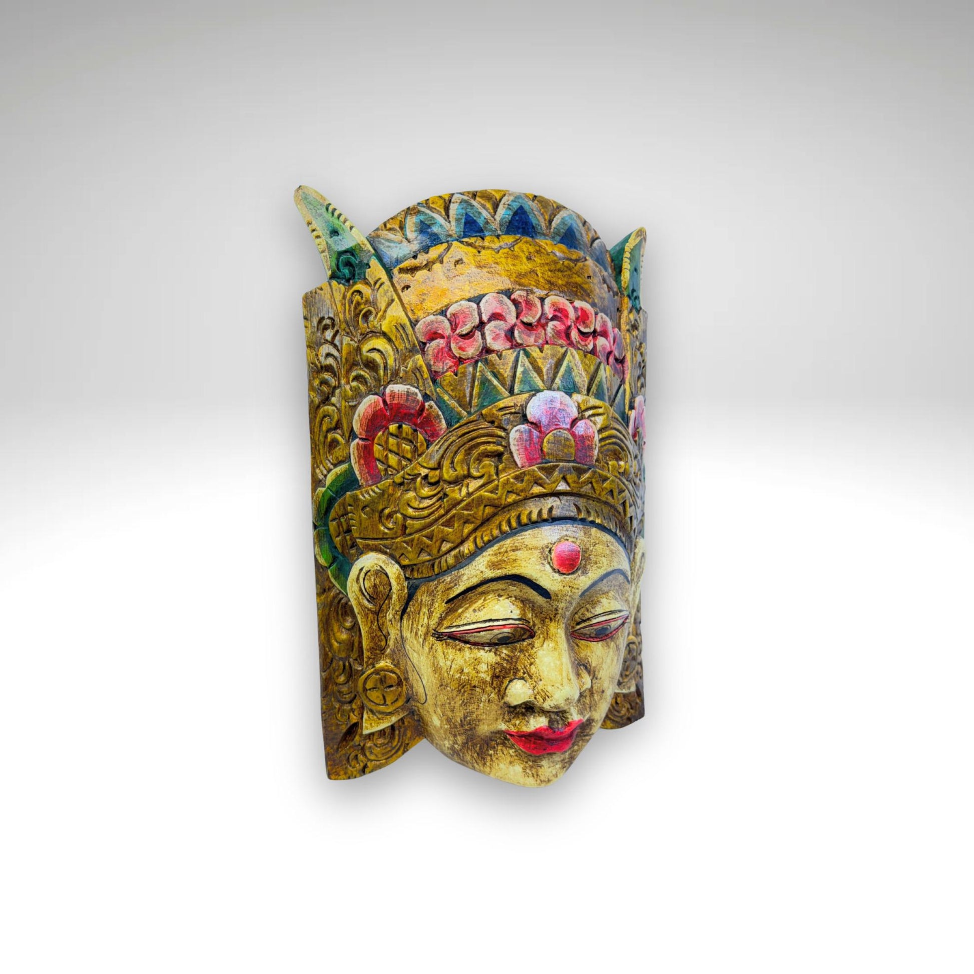 Balinese Mask Dewi Sri Rice Fertility Goddess Polychrome Hand Carved Wood Bali Folk Art wooden Mask Wall Decor - Acadia World Traders