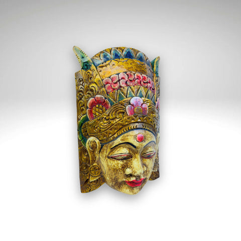 Balinese Mask Dewi Sri Rice Fertility Goddess Polychrome Hand Carved Wood Bali Folk Art wooden Mask Wall Decor