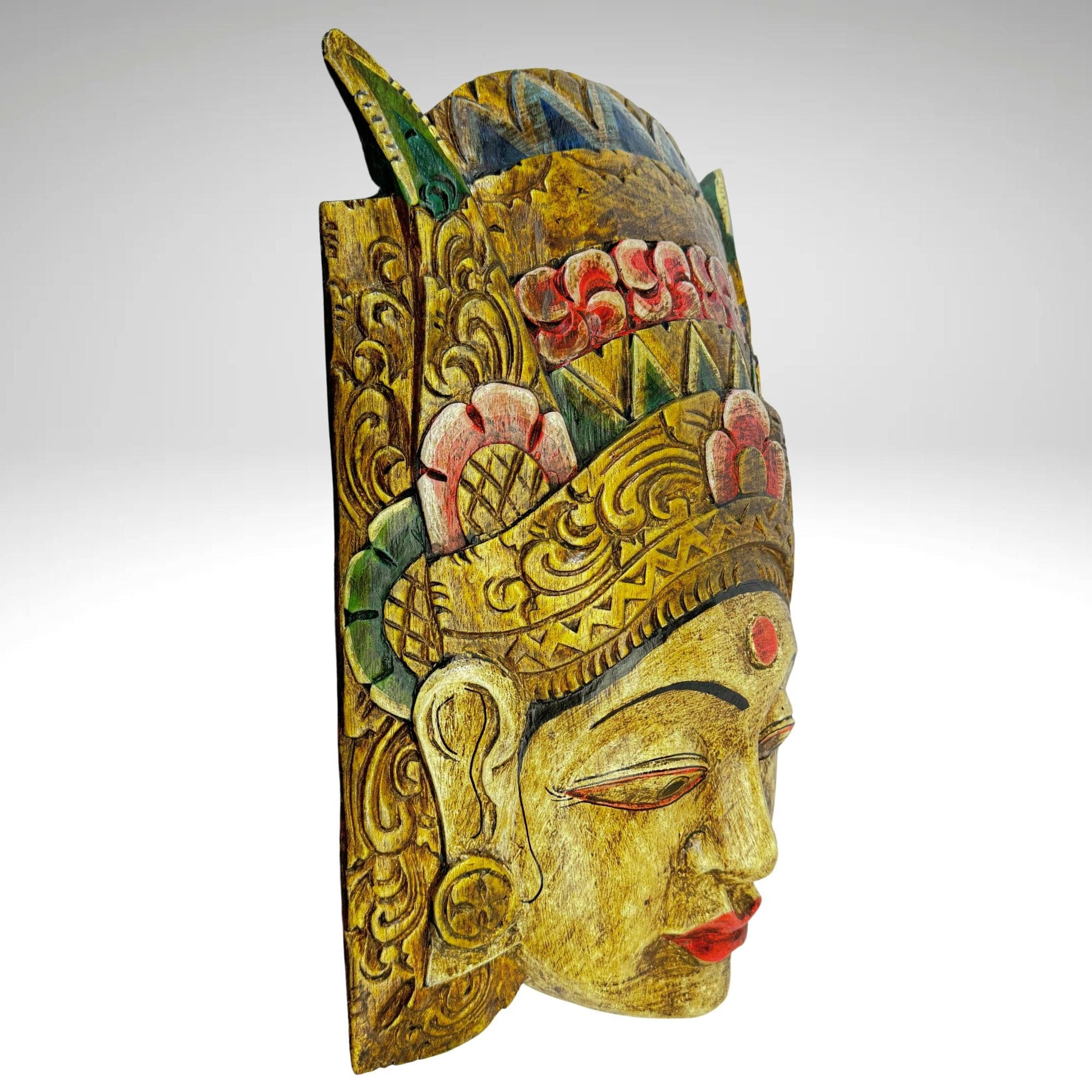 Balinese Mask Dewi Sri Rice Fertility Goddess Polychrome Hand Carved Wood Bali Folk Art wooden Mask Wall Decor - Acadia World Traders