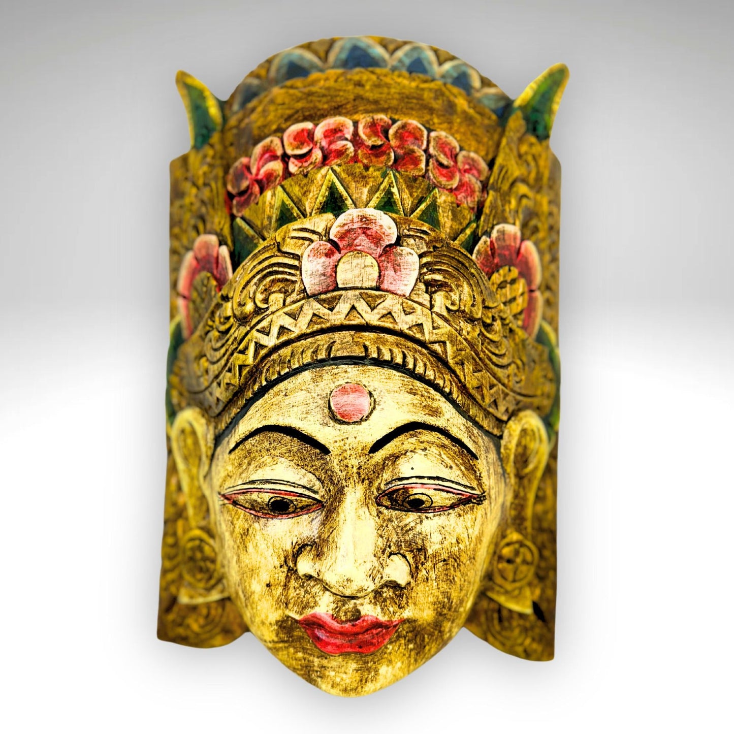 Balinese Mask Dewi Sri Rice Fertility Goddess Polychrome Hand Carved Wood Bali Folk Art wooden Mask Wall Decor - Acadia World Traders