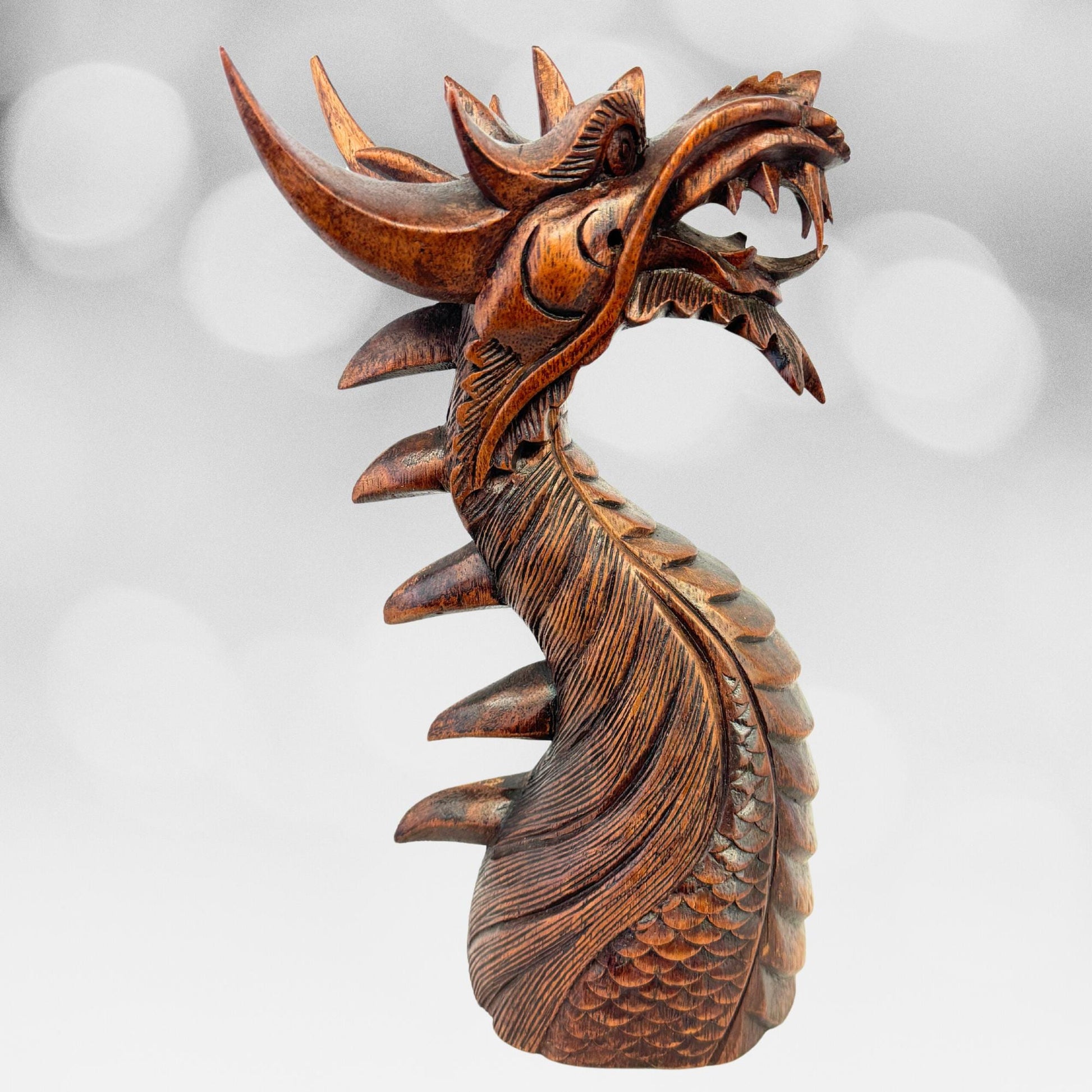Horned Dragon Sculpture Statue Cosmic Naga Hand hand carved Suar wood Carving Bali Art Asian style Decor - Acadia World Traders