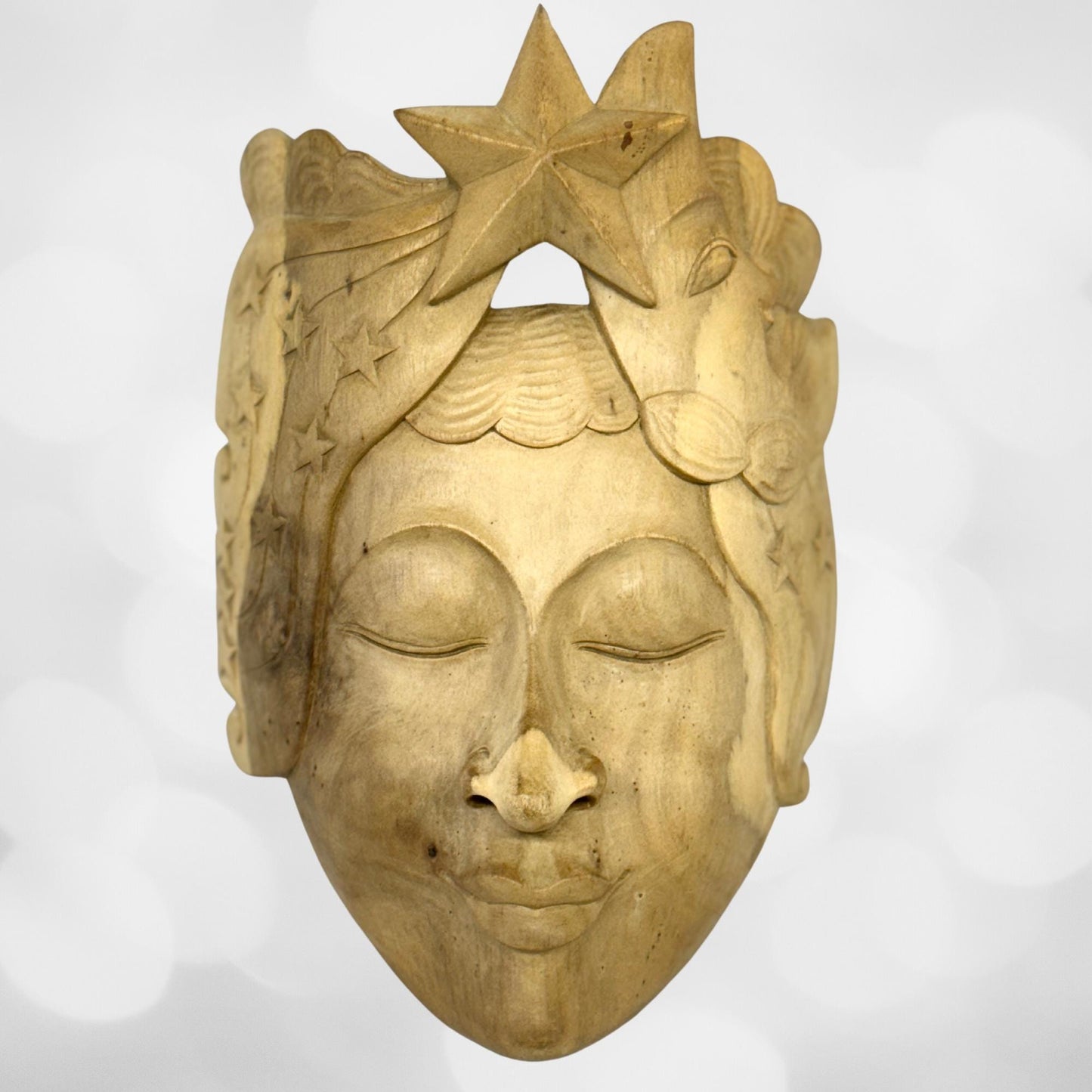 Balinese Mask Star Girl Goddess Moon Stars Hand Carved Wood Carving Bali folk art wall decor - Acadia World Traders