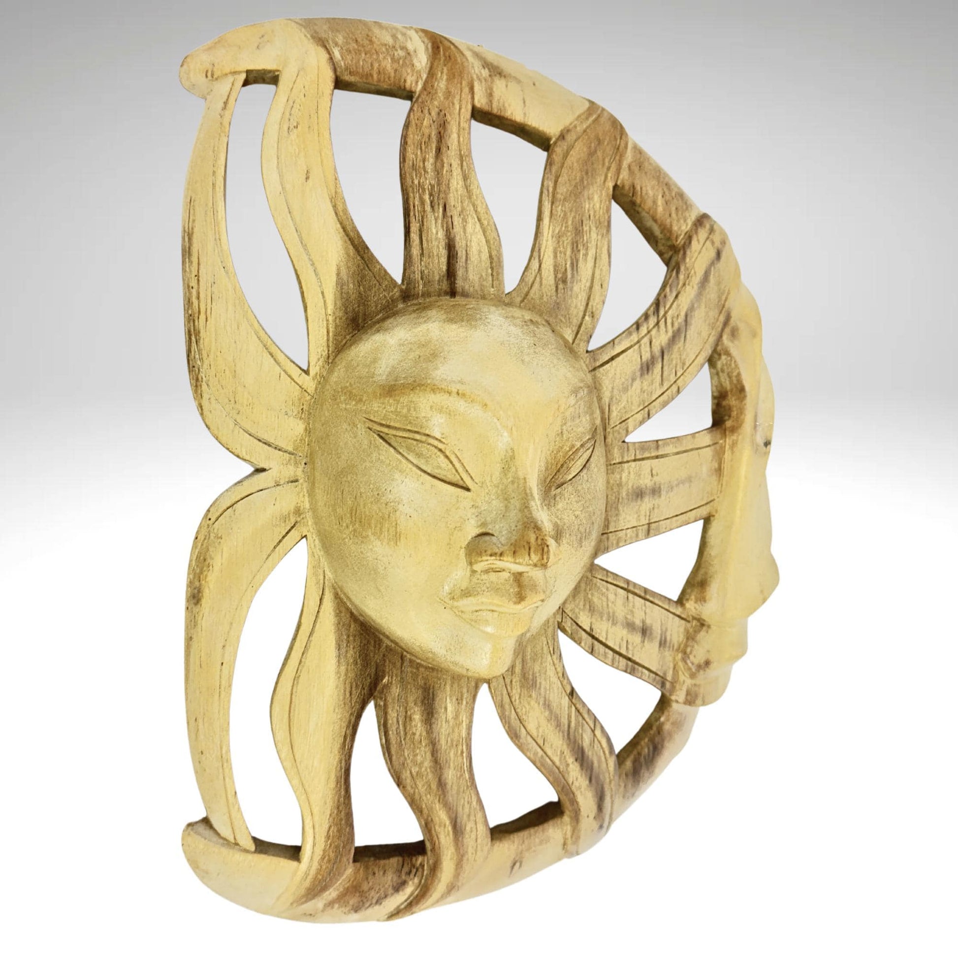Vintage Wind Blown Sun & Moon Sunburst Celestial Wall Art Plaque Crescent MOON Carved hand carved wood Carving Bali Balinese folk art - Acadia World Traders