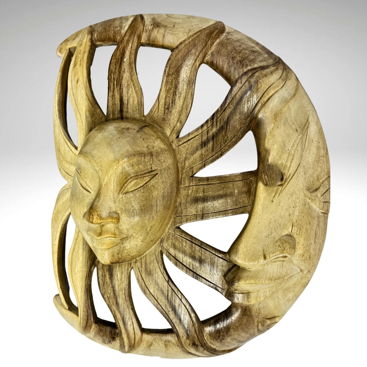 Vintage Wind Blown Sun & Moon Sunburst Celestial Wall Art Plaque Crescent MOON Carved hand carved wood Carving Bali Balinese folk art - Acadia World Traders