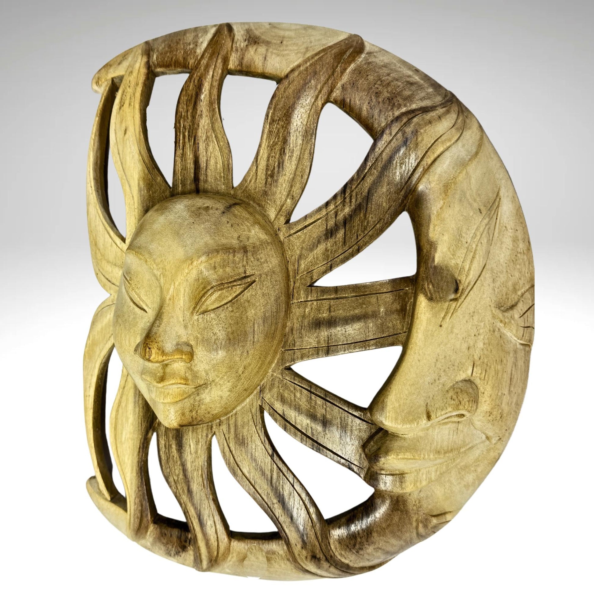 Vintage Wind Blown Sun & Moon Sunburst Celestial Wall Art Plaque Crescent MOON Carved hand carved wood Carving Bali Balinese folk art - Acadia World Traders