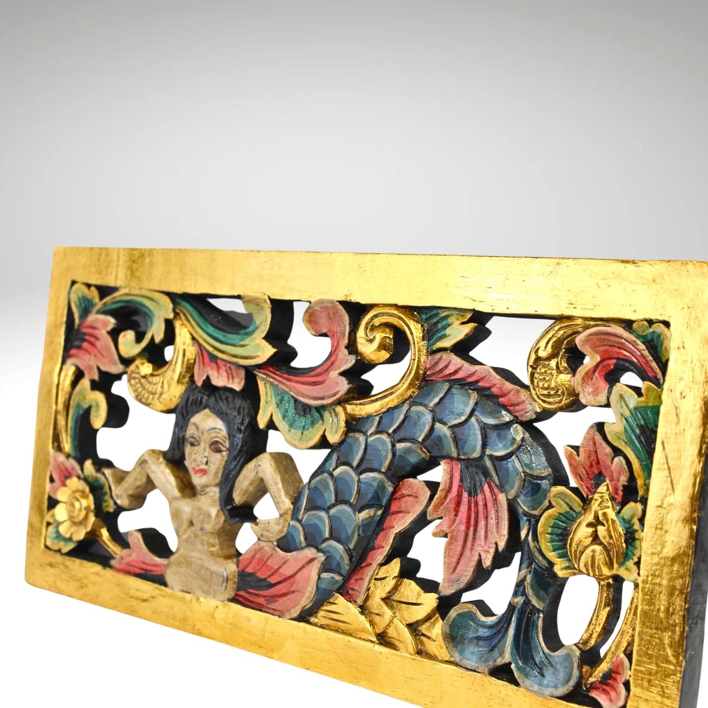 Balinese Mermaid Panel Wall Sculpture Hand Carved Wood Architectural Element Bali folk art carving - Acadia World Traders