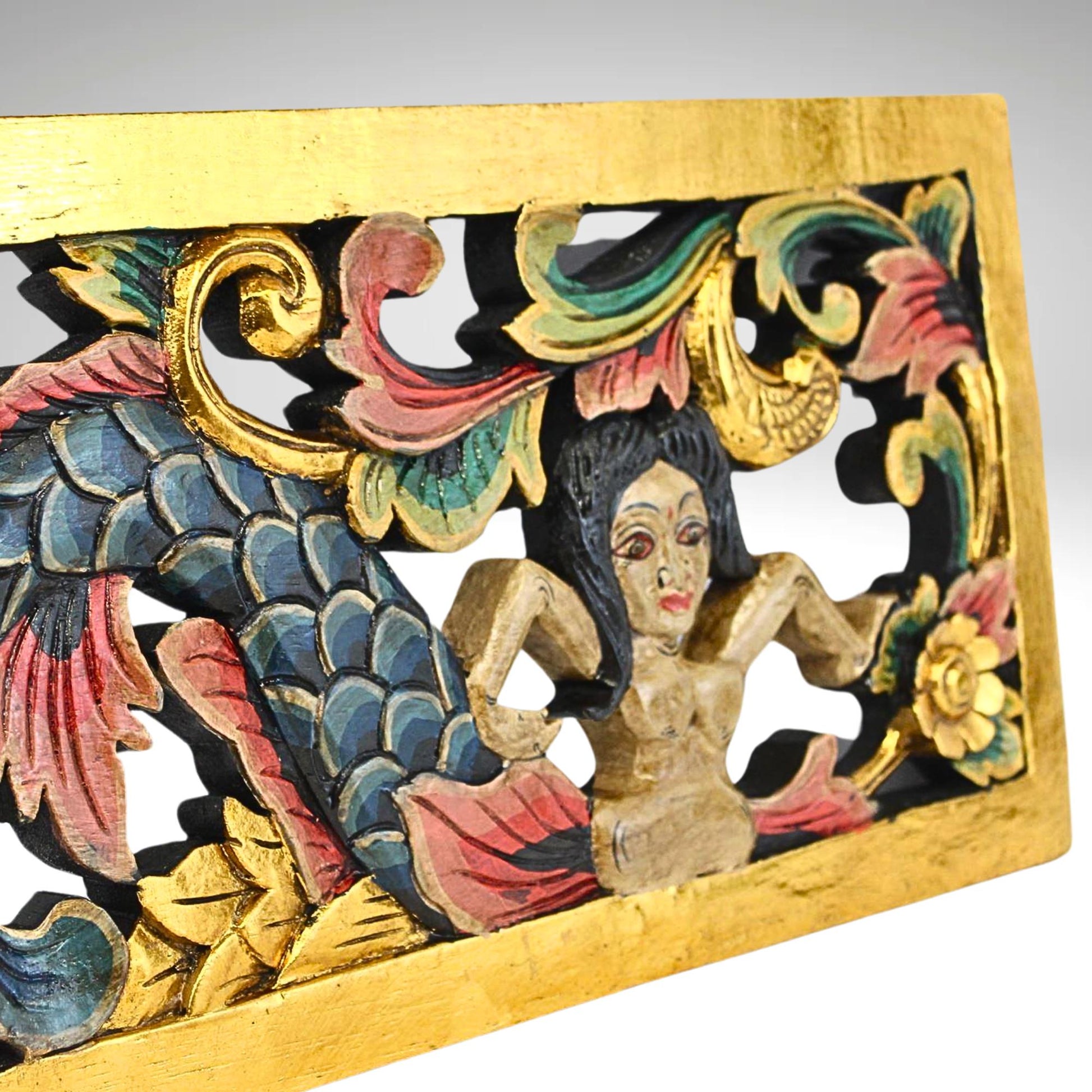 Balinese Mermaid Panel Wall Sculpture Hand Carved Wood Architectural Element Bali folk art carving - Acadia World Traders
