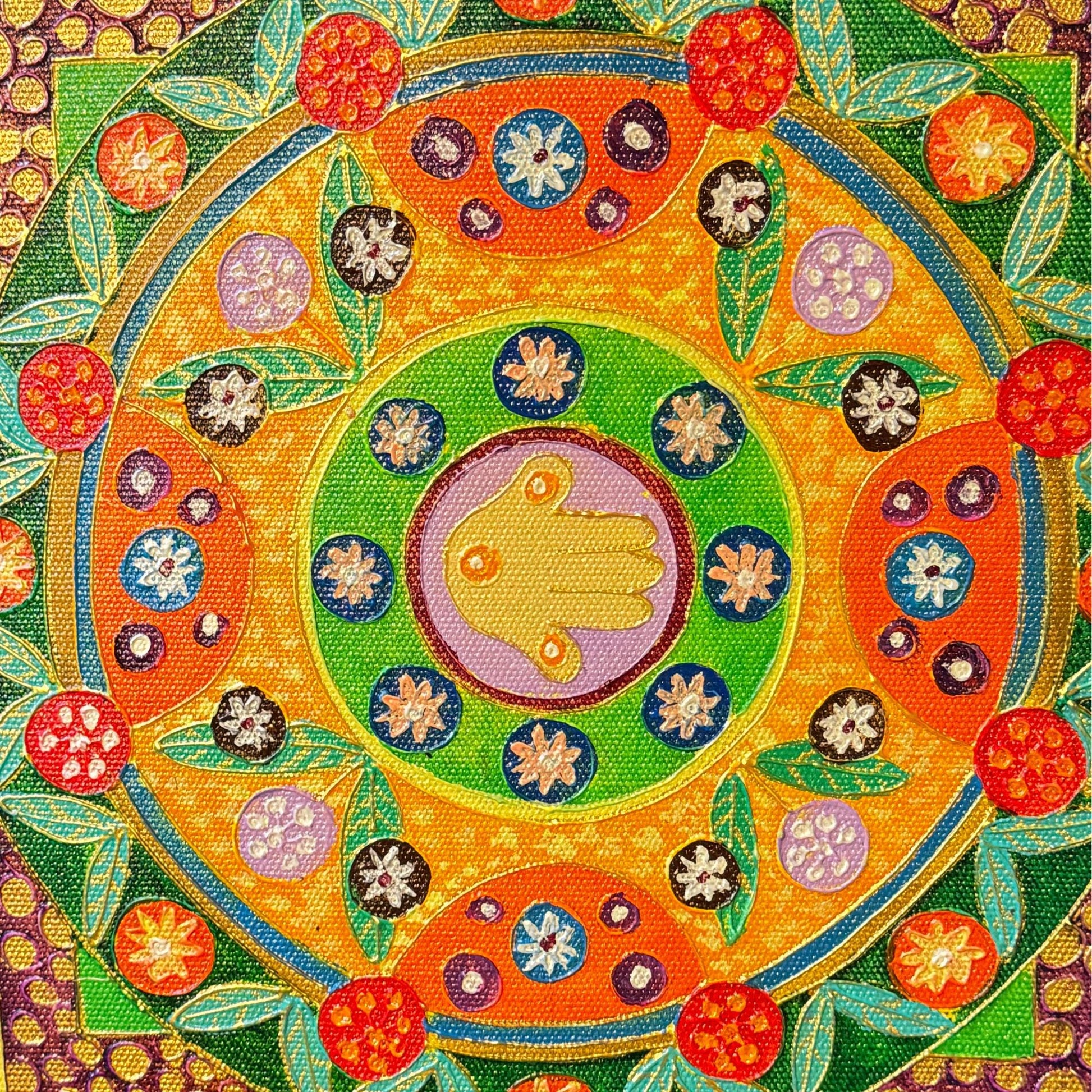 Hamsa Hand Mandala Wall Art Painting Acrylic on Canvas Handmade Sacred Geometry Yellow Balinese Art - Acadia World Traders