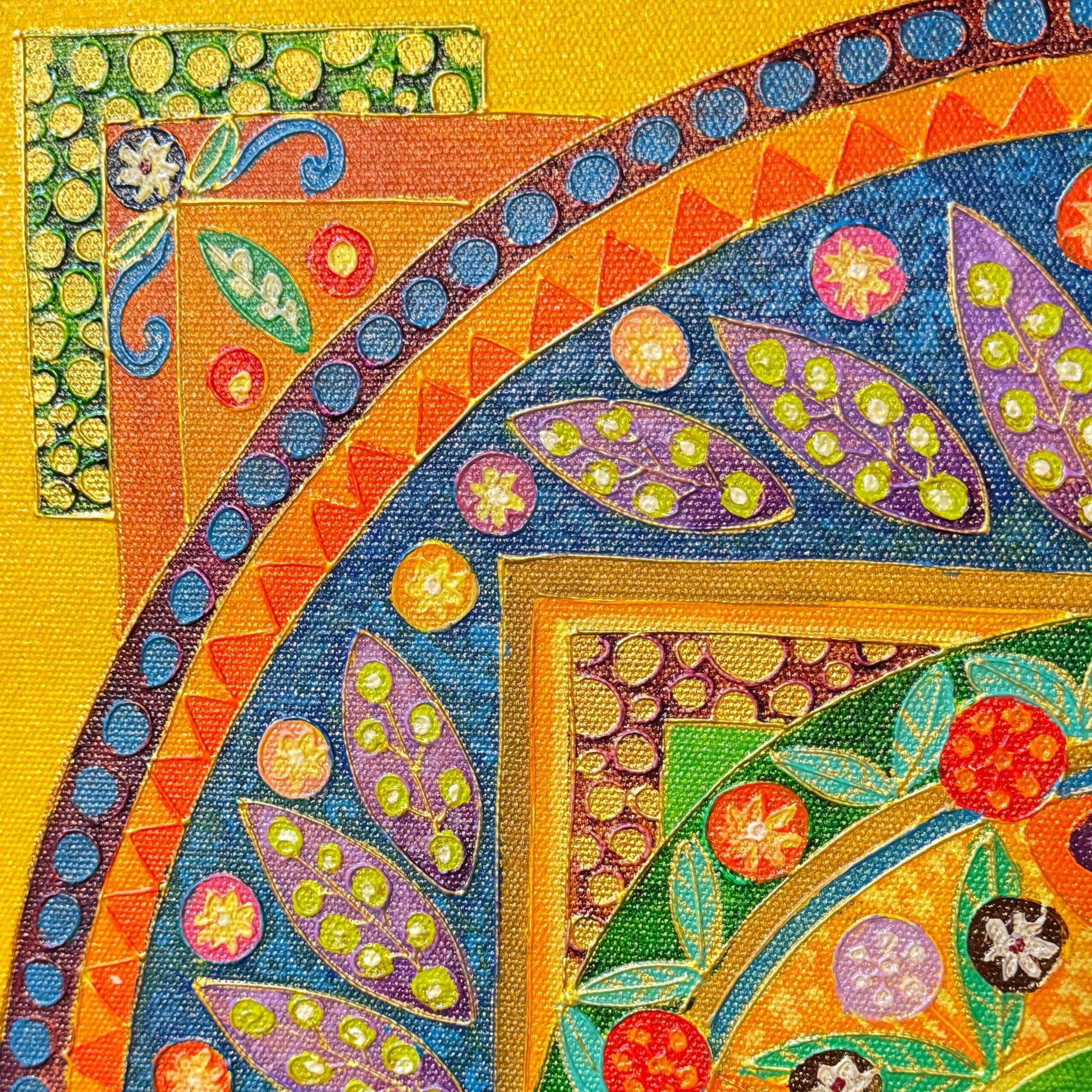 Hamsa Hand Mandala Wall Art Painting Acrylic on Canvas Handmade Sacred Geometry Yellow Balinese Art - Acadia World Traders